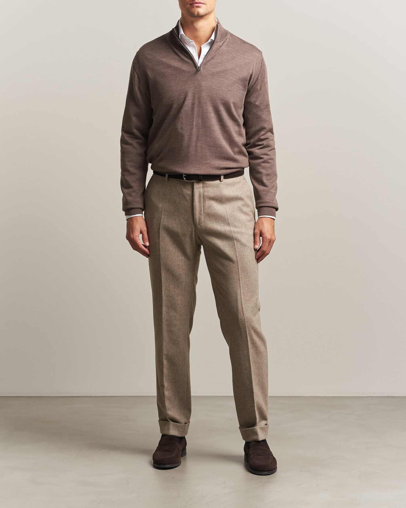 Herre | Gensere | Charles Tyrwhitt | Pure Merino Zip Neck Jumper Mocha