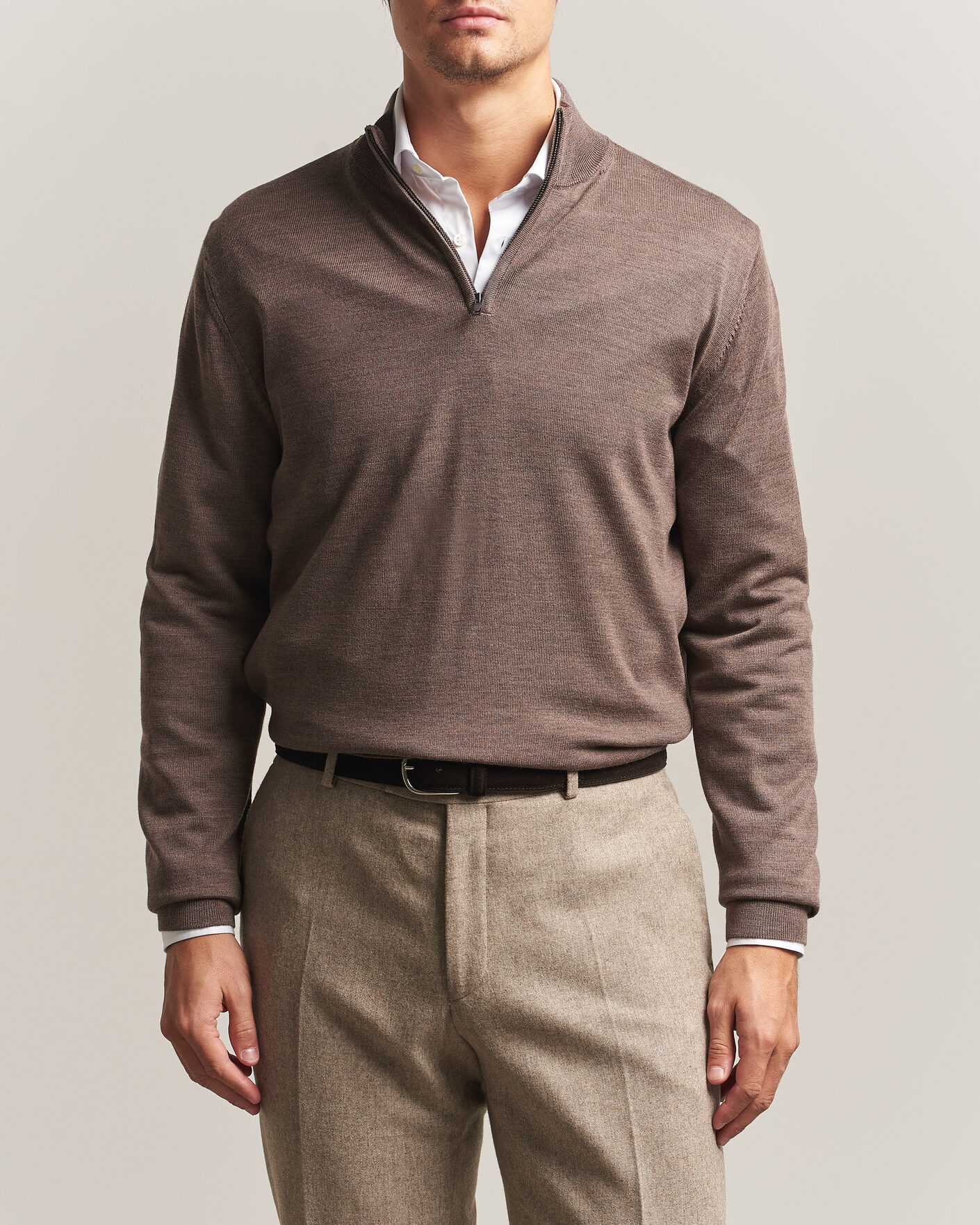 Herre | Gensere | Charles Tyrwhitt | Pure Merino Zip Neck Jumper Mocha