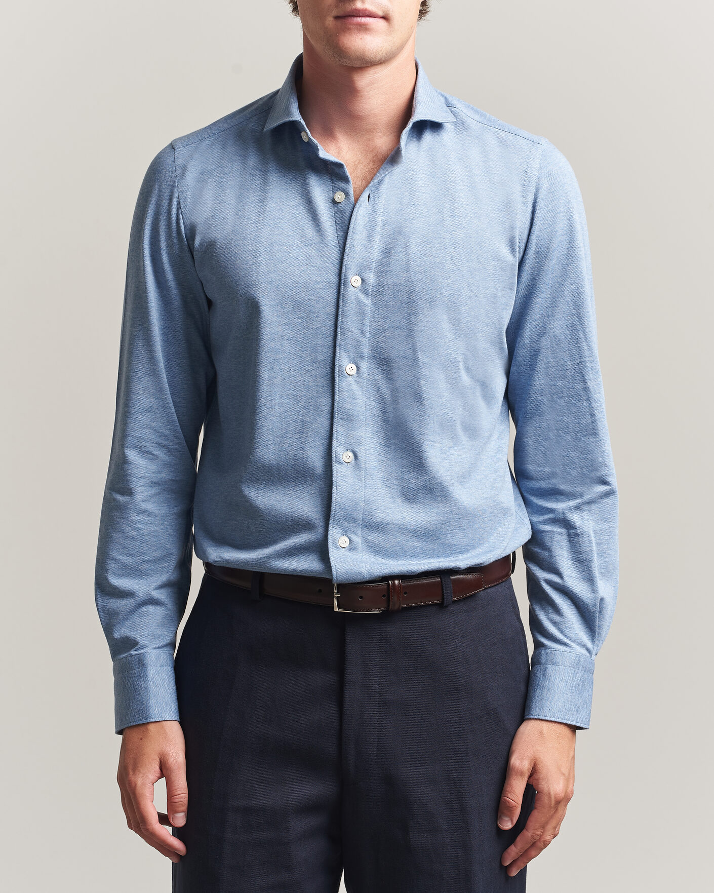Herre | Skjorter | Finamore Napoli | Cotton/Cashmere Jersey Shirt Light Blue