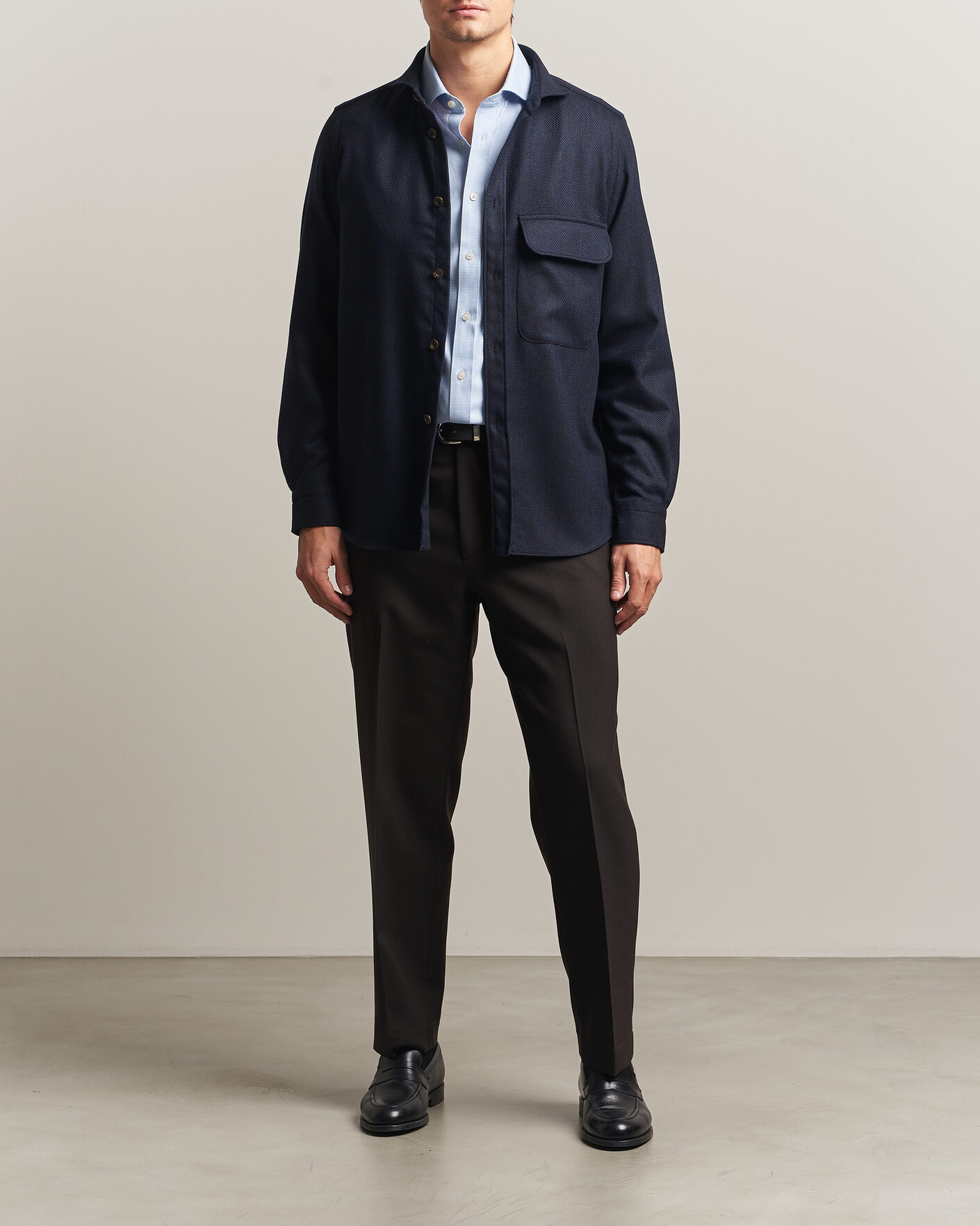 Herre | Skjorter | Finamore Napoli | Wool Herringbone Overshirt Navy