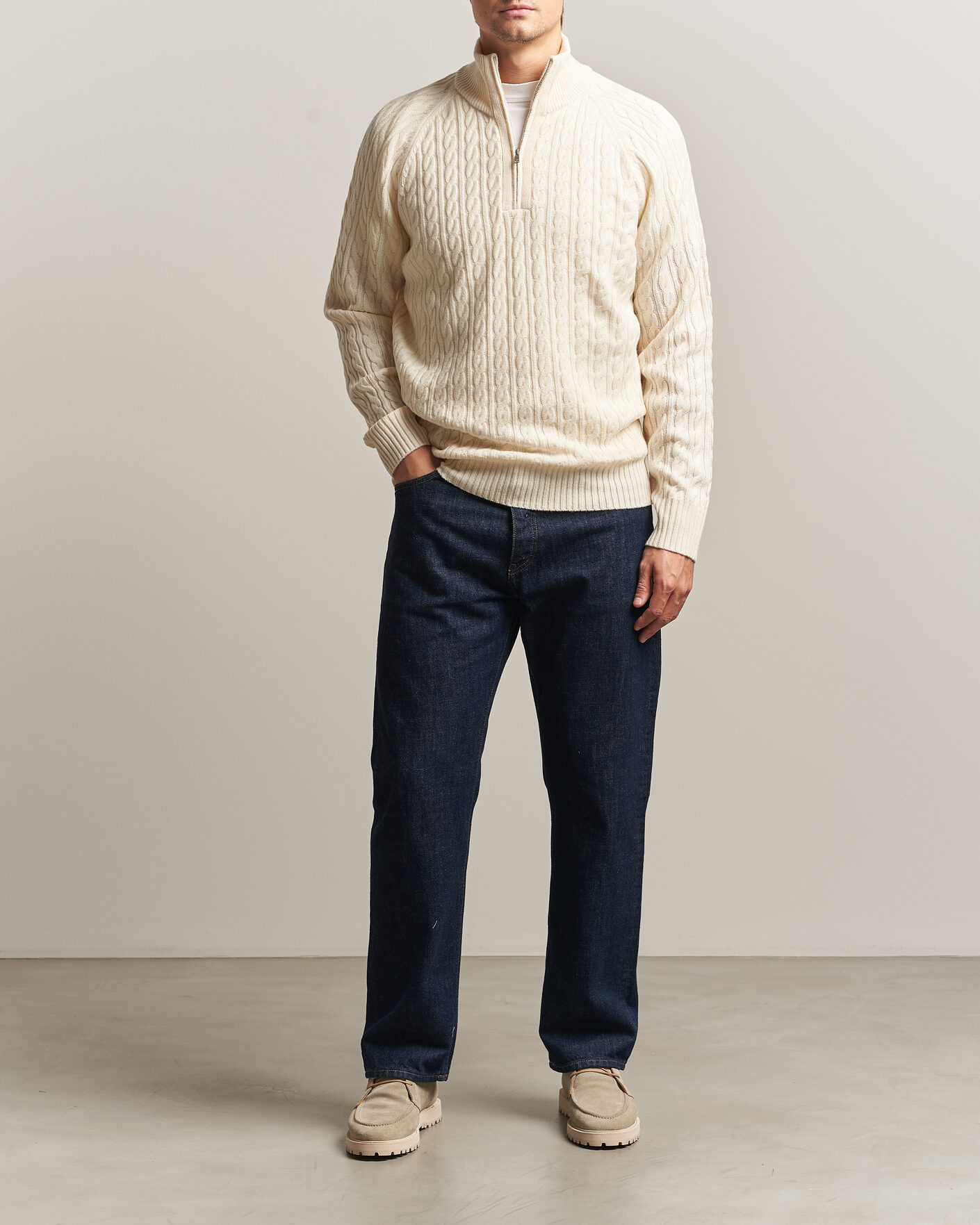 Herre | Gensere | BOSS BLACK | Furore Wool/Cashmere Cable Half Zip Open White