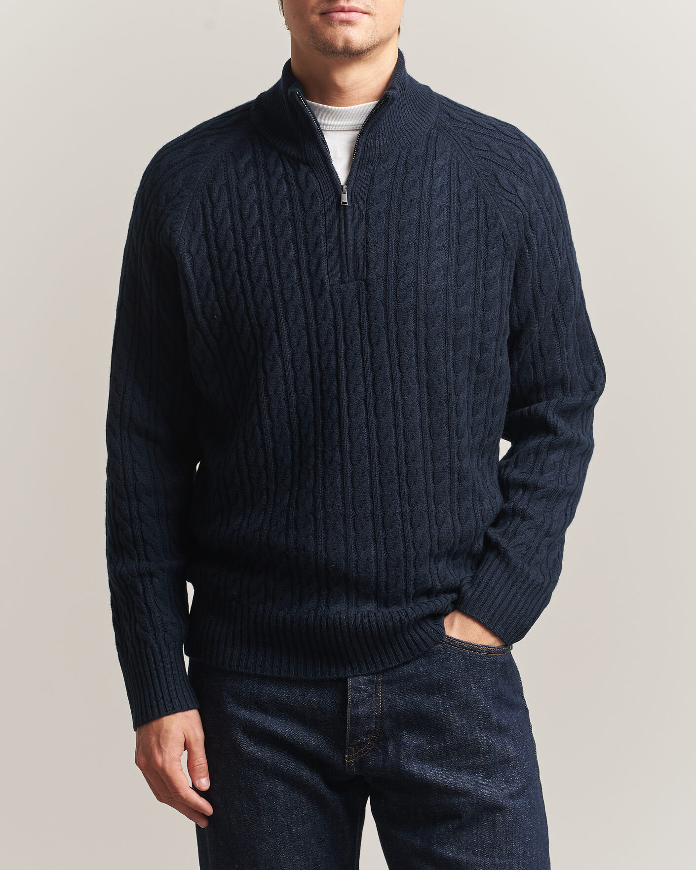 Herre | Gensere | BOSS BLACK | Furore Wool/Cashmere Cable Half Zip Dark Blue