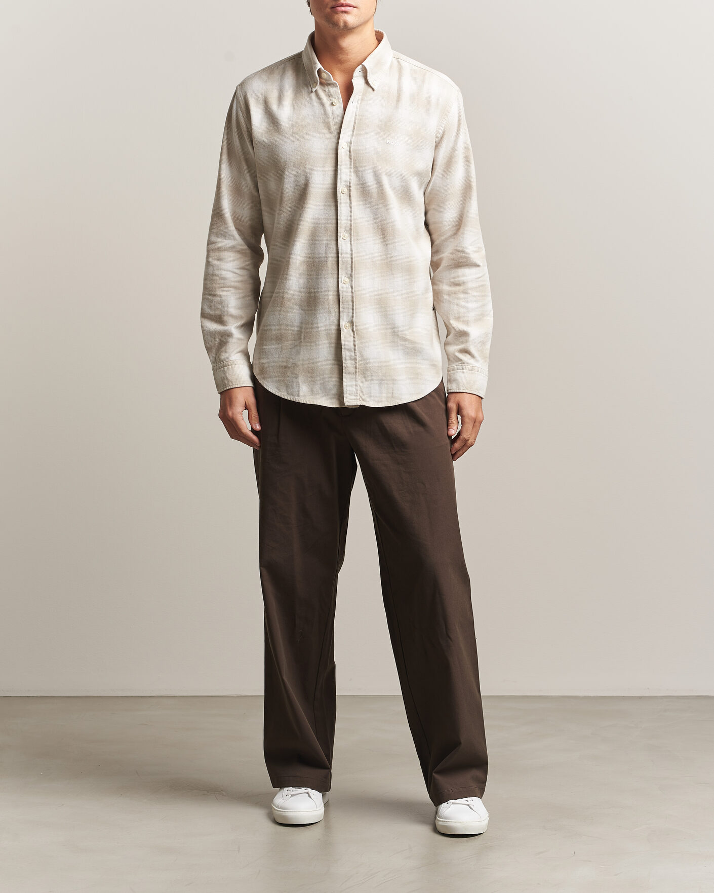 Herre | Skjorter | BOSS ORANGE | Rickert Brushed Cotton Checked Shirt Light Beige