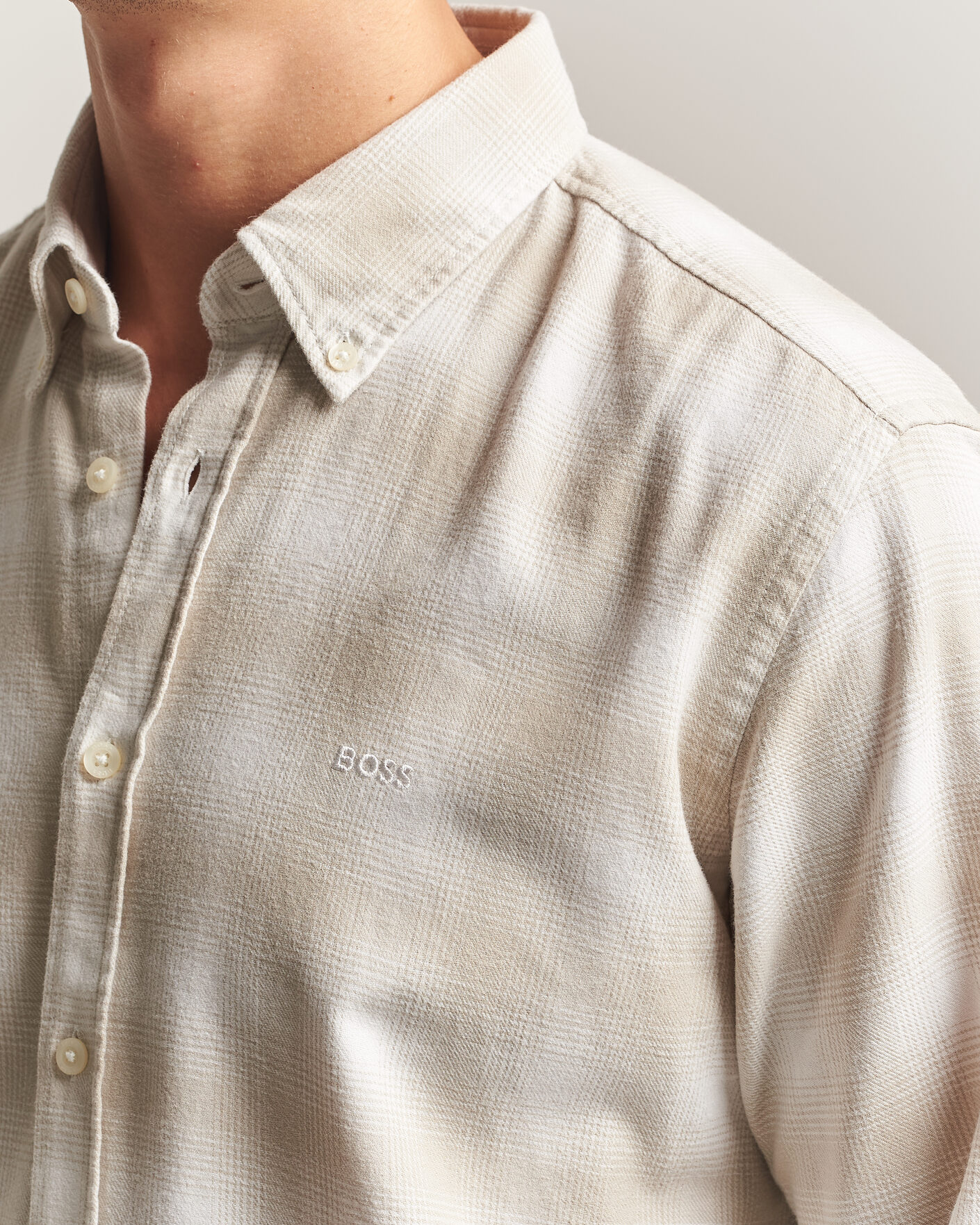Herre | Skjorter | BOSS ORANGE | Rickert Brushed Cotton Checked Shirt Light Beige