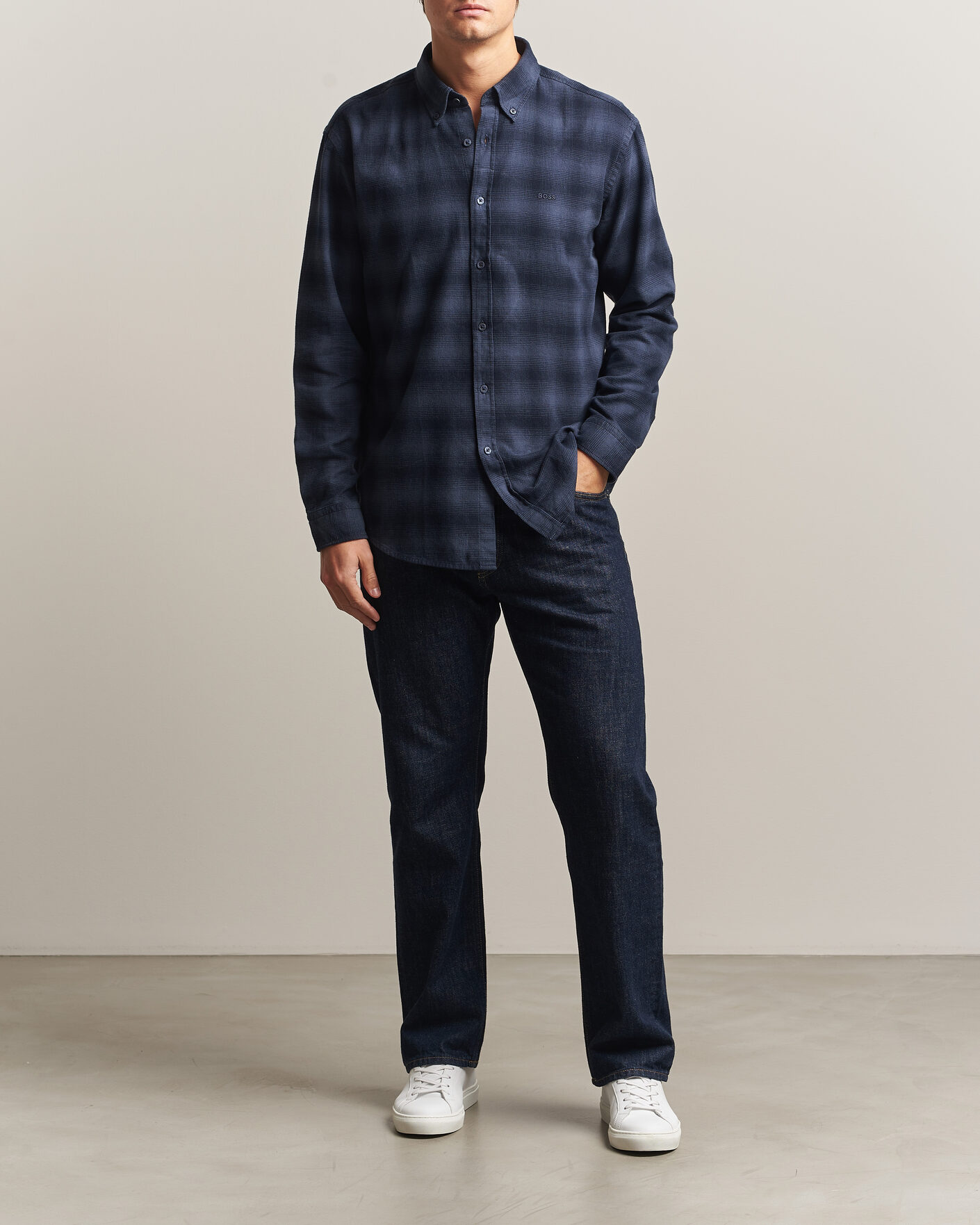 Herre | Skjorter | BOSS ORANGE | Rickert Brushed Cotton Checked Shirt Dark Blue