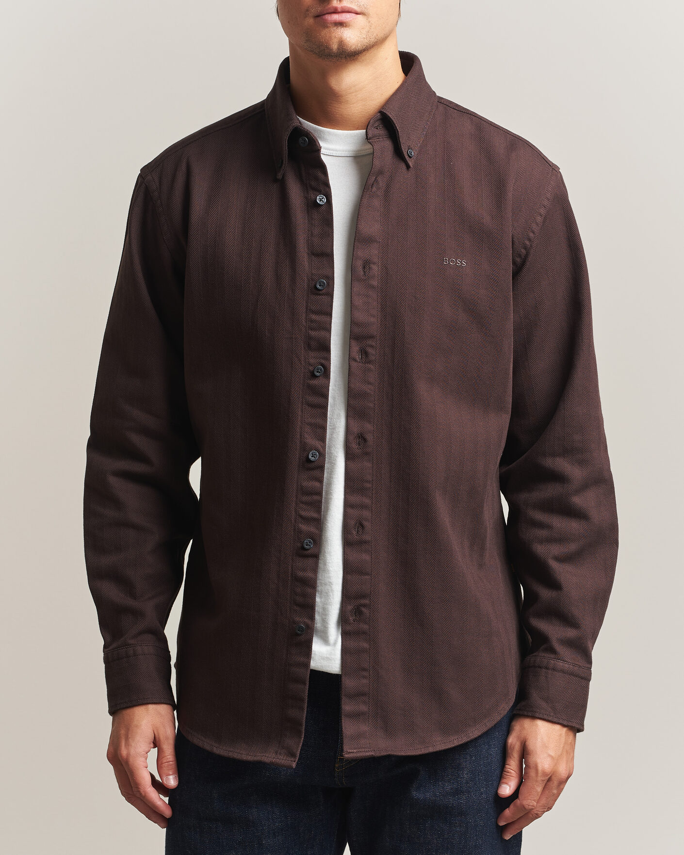 Herre | Skjorter | BOSS ORANGE | Ricopuls Brushed Herringbone Shirt Dark Brown