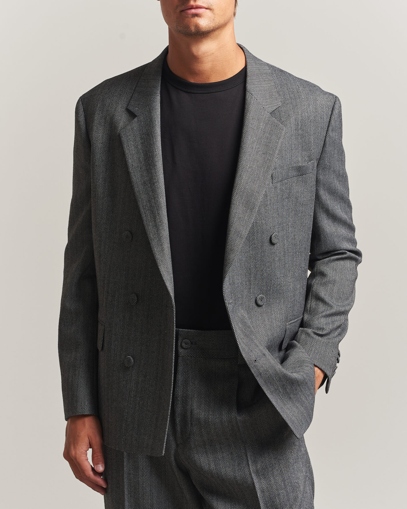 Herre | Dressjakker | HUGO | Karlo Herringbone Double Breasted Blazer Dark Grey
