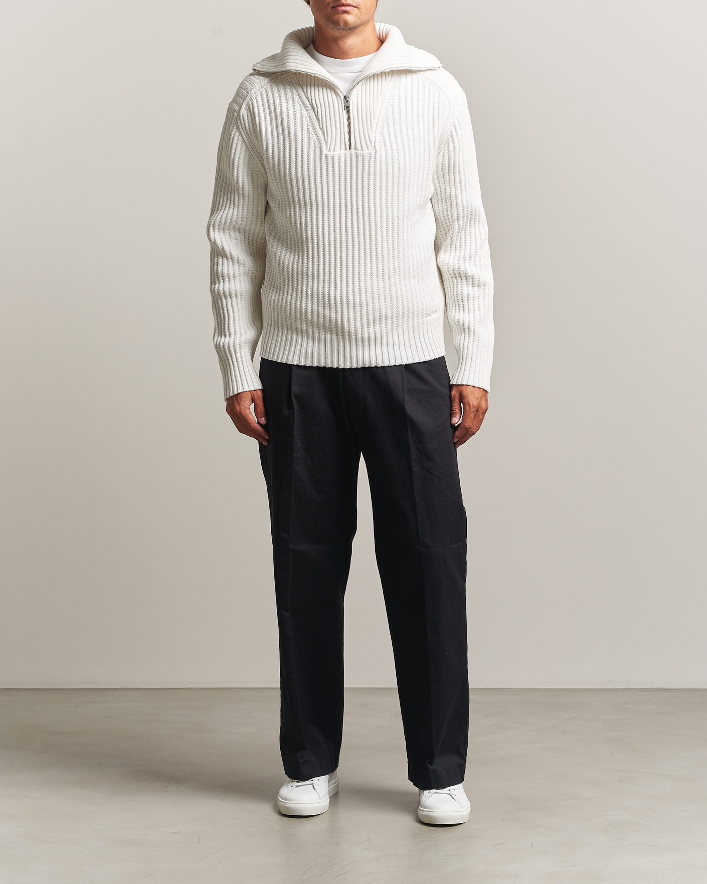 Herre | Gensere | HUGO | Srtithon Cotton Knitted Half Zip Natural
