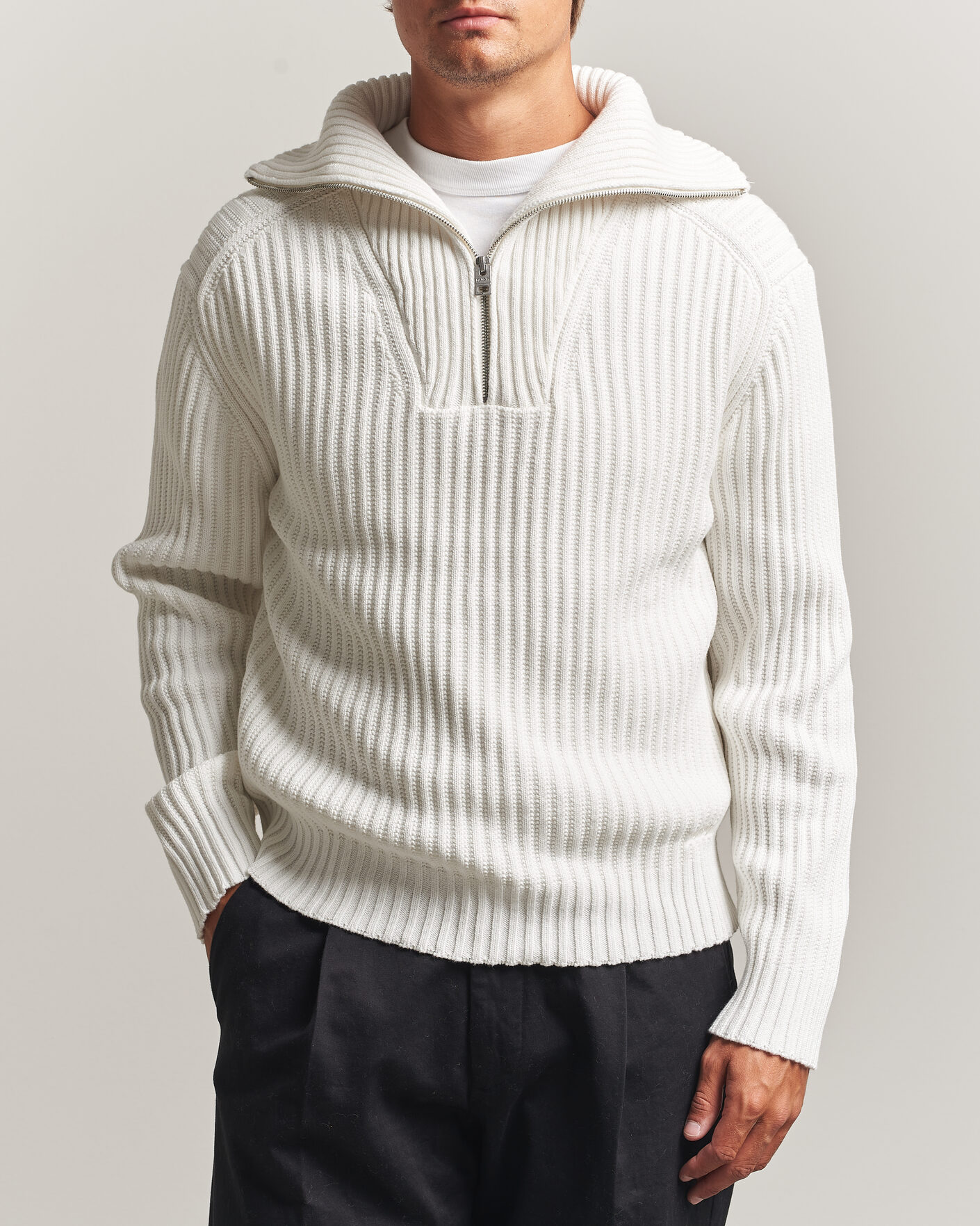 Herre | Gensere | HUGO | Srtithon Cotton Knitted Half Zip Natural
