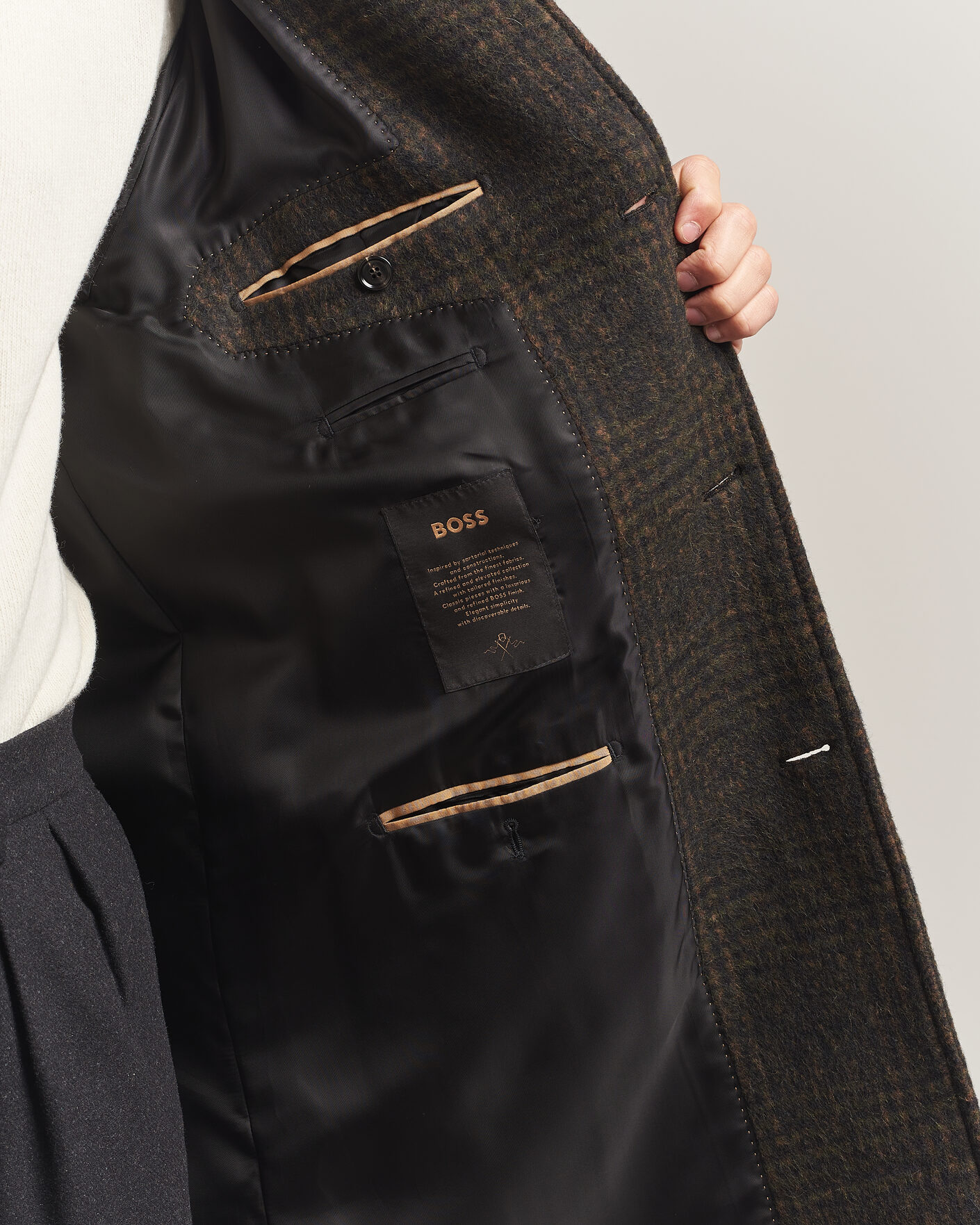 Herre | Jakker | BOSS CAMEL | Cohn Wool Checked Coat Open Green