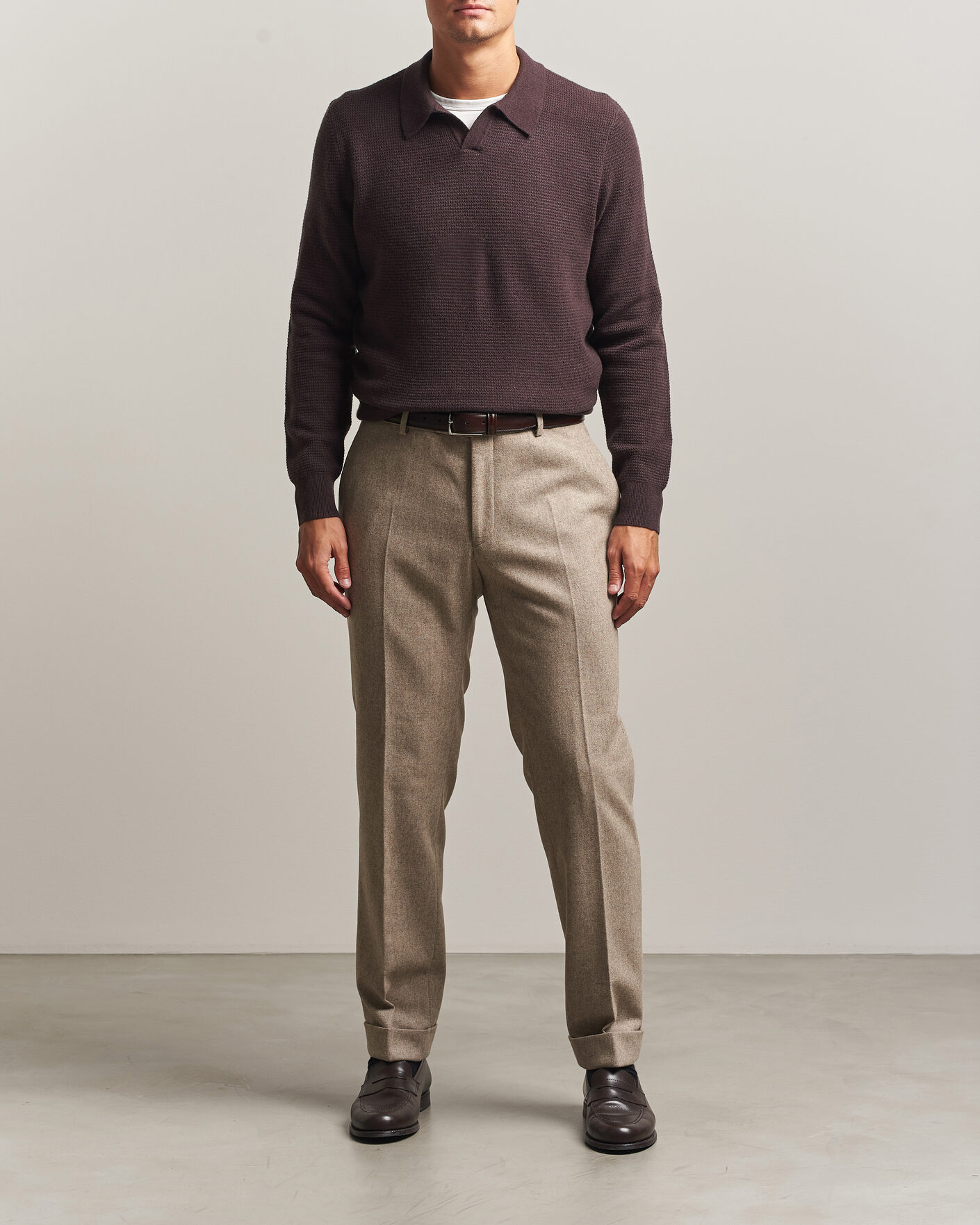 Herre | Gensere | BOSS CAMEL | Filo Wool Knitted Polo Open Brown