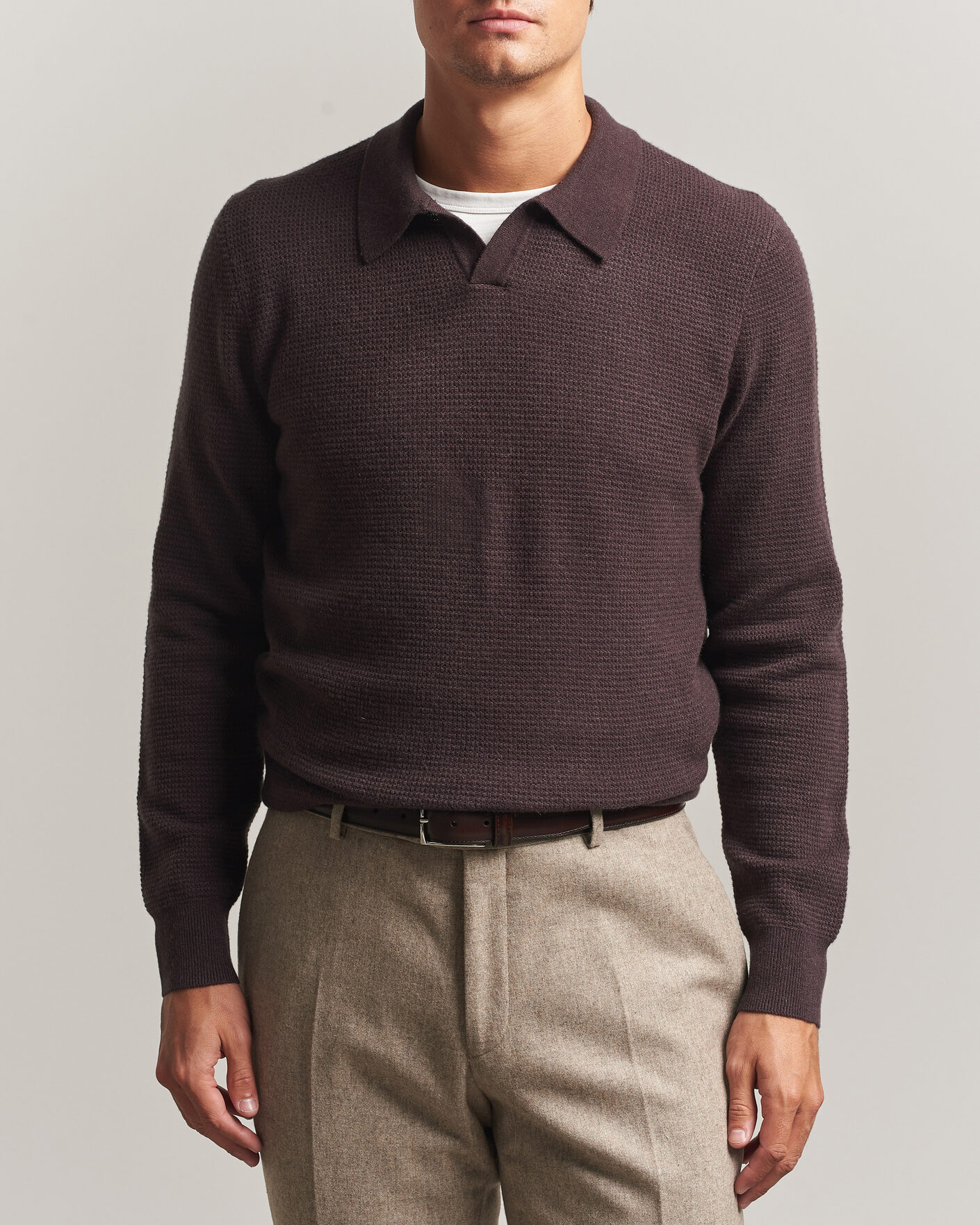 Herre | Gensere | BOSS CAMEL | Filo Wool Knitted Polo Open Brown