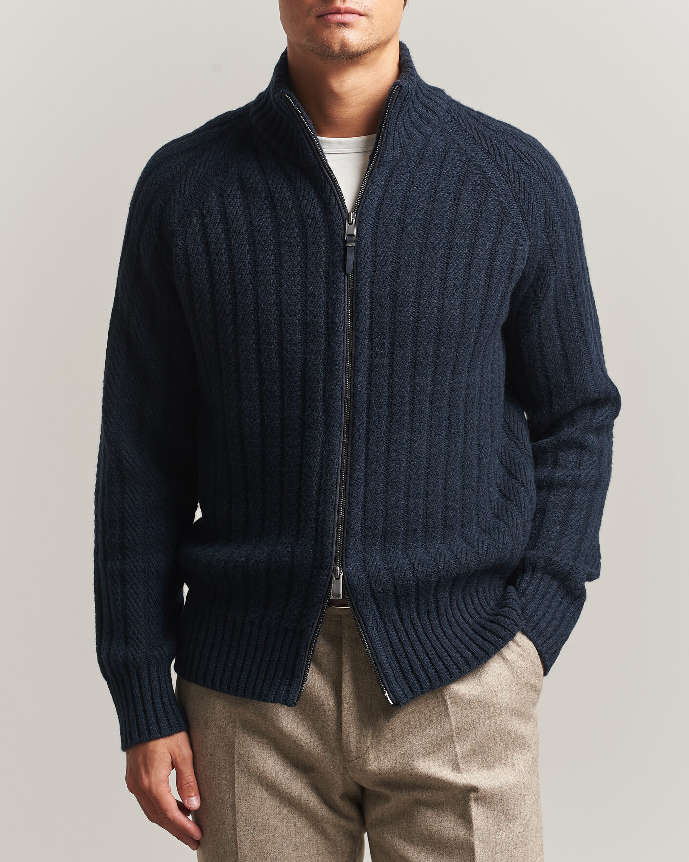 Herre | Gensere | BOSS CAMEL | Filane Wool Knitted Full Zip Dark Blue