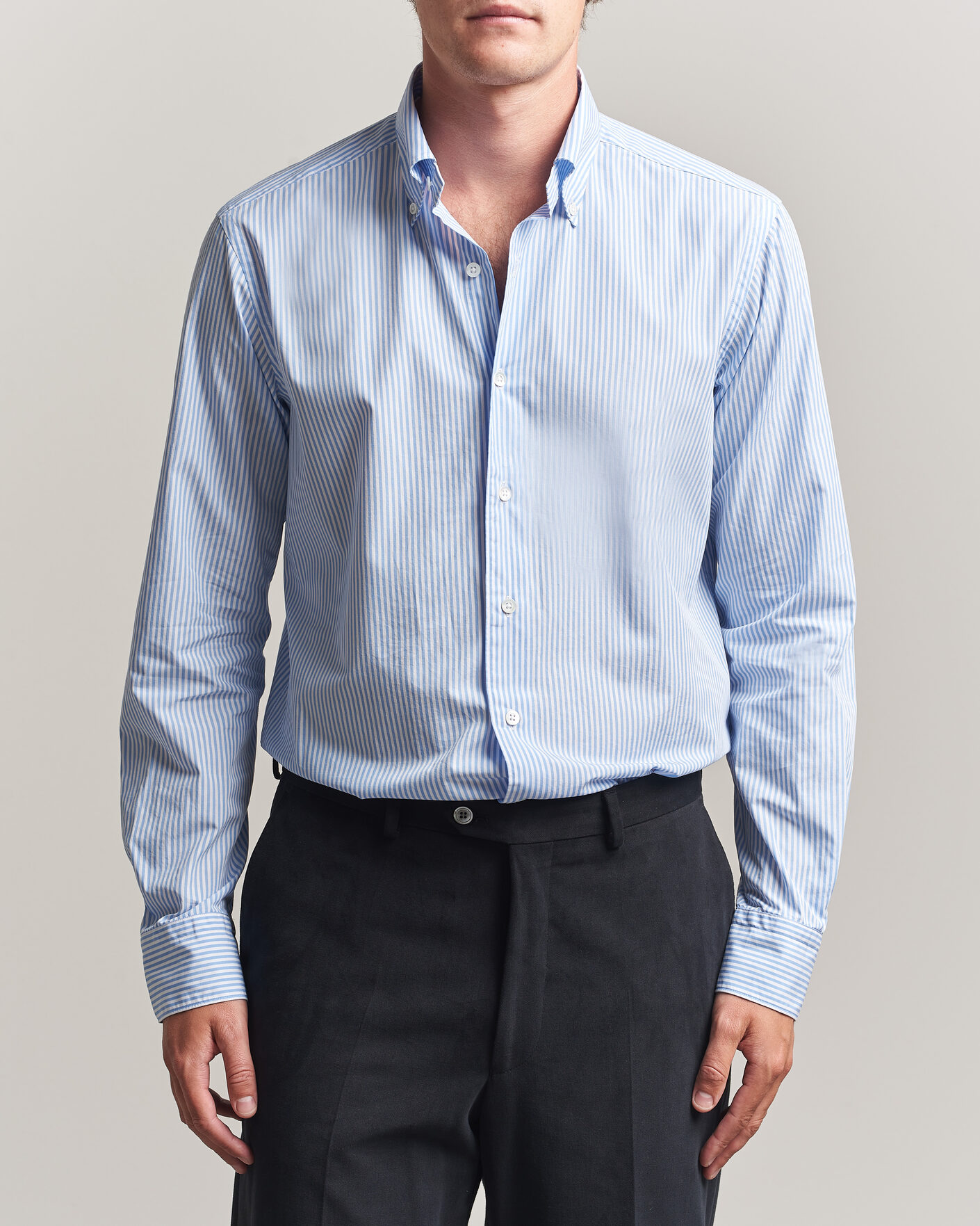 Herre | Skjorter | Grigio | Popeline Button Down Shirt Light Blue Stripe