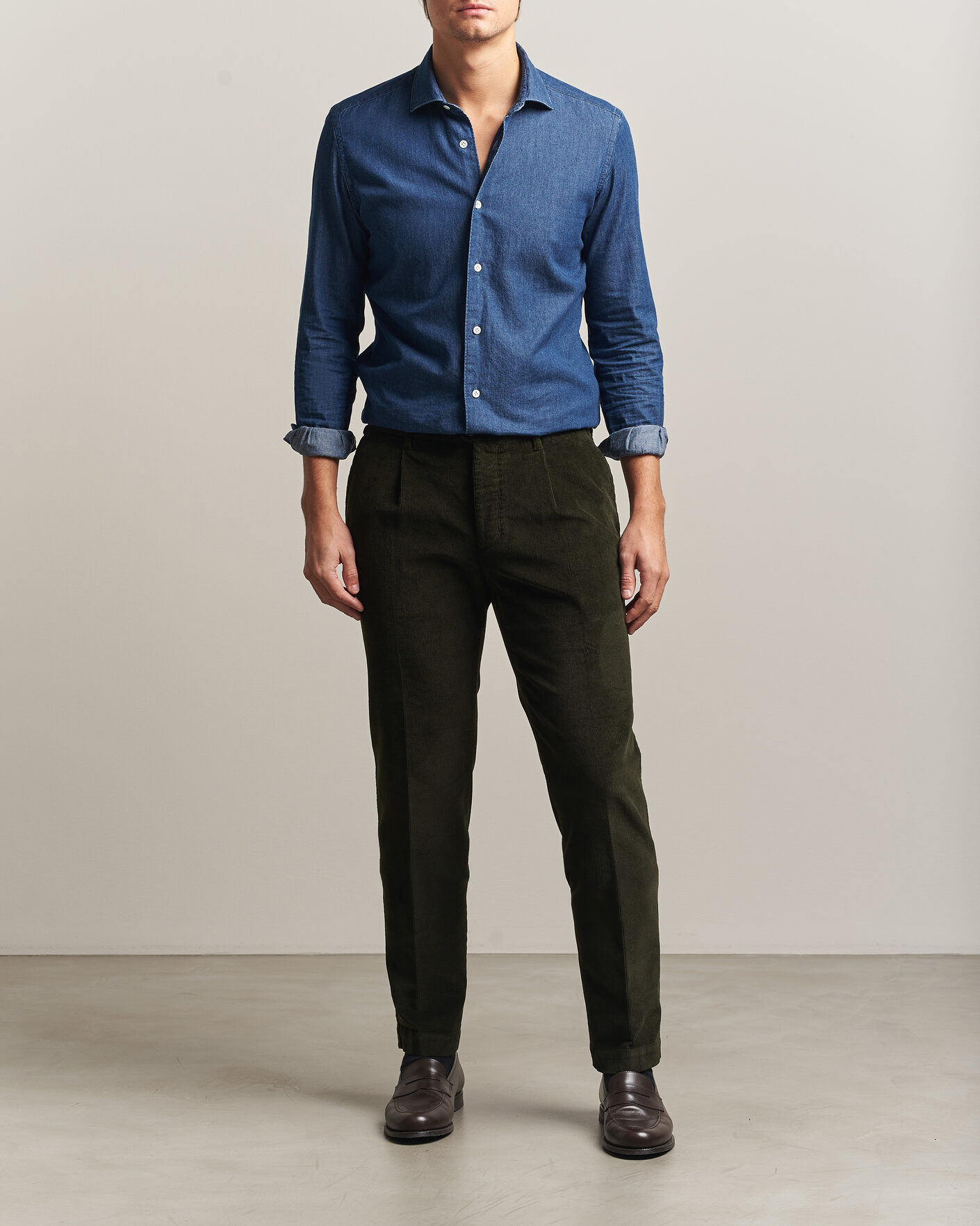 Herre | Bukser | Incotex | Regular Fit Washed Corduroy Slacks Forest Green
