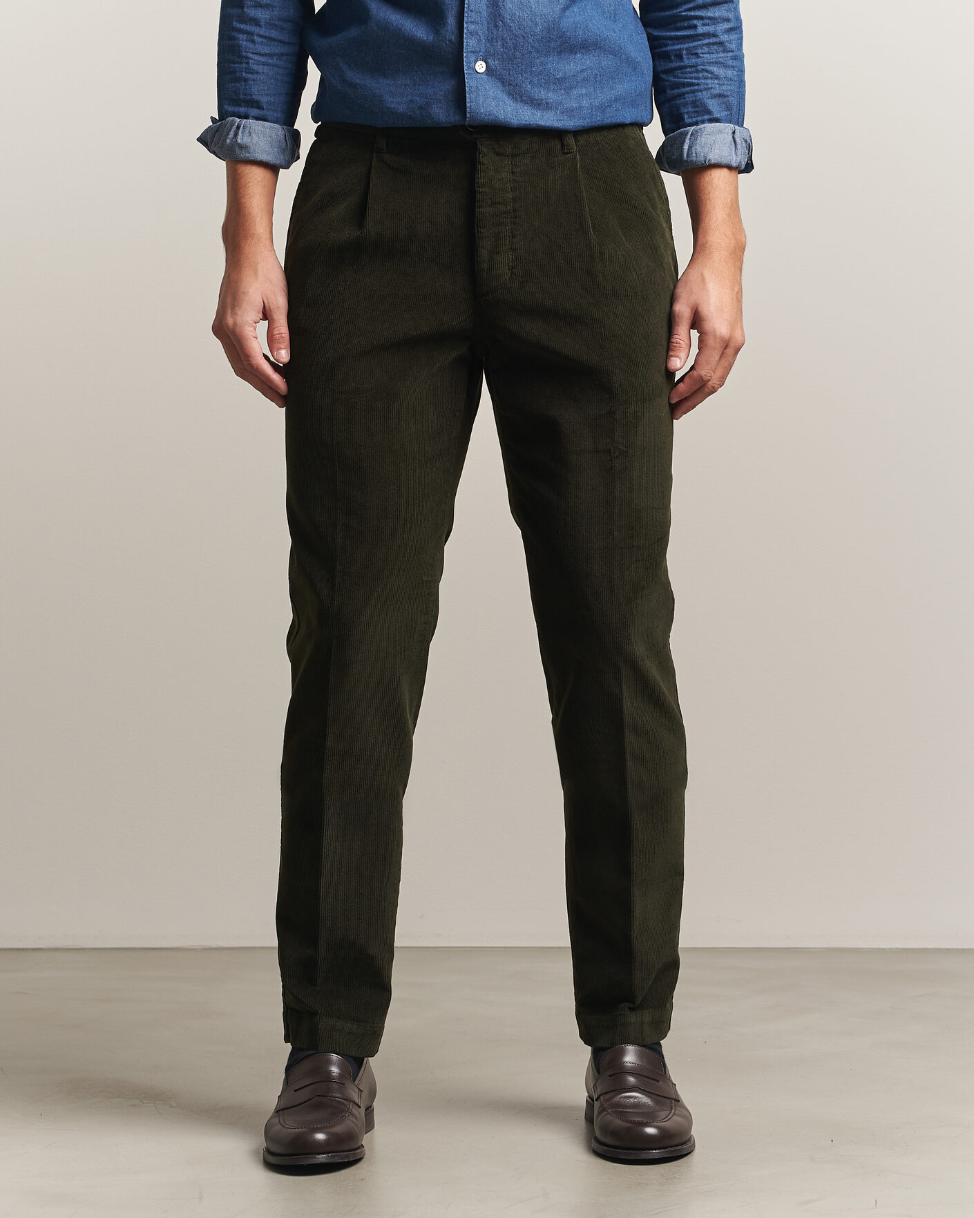 Herre | Bukser | Incotex | Regular Fit Washed Corduroy Slacks Forest Green