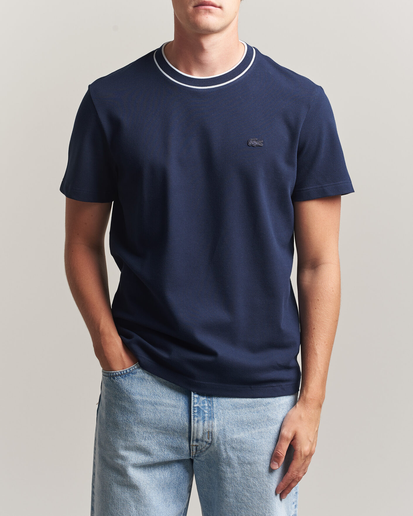 Herre | T-Shirts | Lacoste | Contrast Rib Piqué T-Shirt Navy Blue