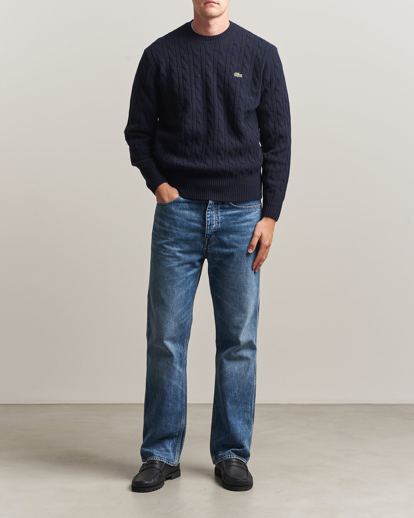 Herre | Gensere | Lacoste | Carded Wool Cable Crew Neck Navy Blue
