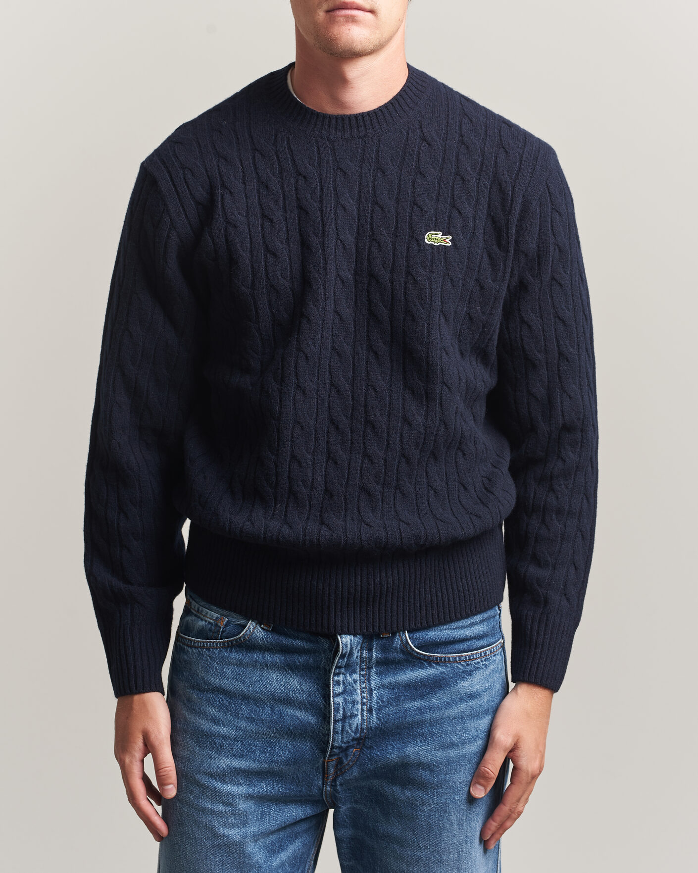 Herre | Gensere | Lacoste | Carded Wool Cable Crew Neck Navy Blue
