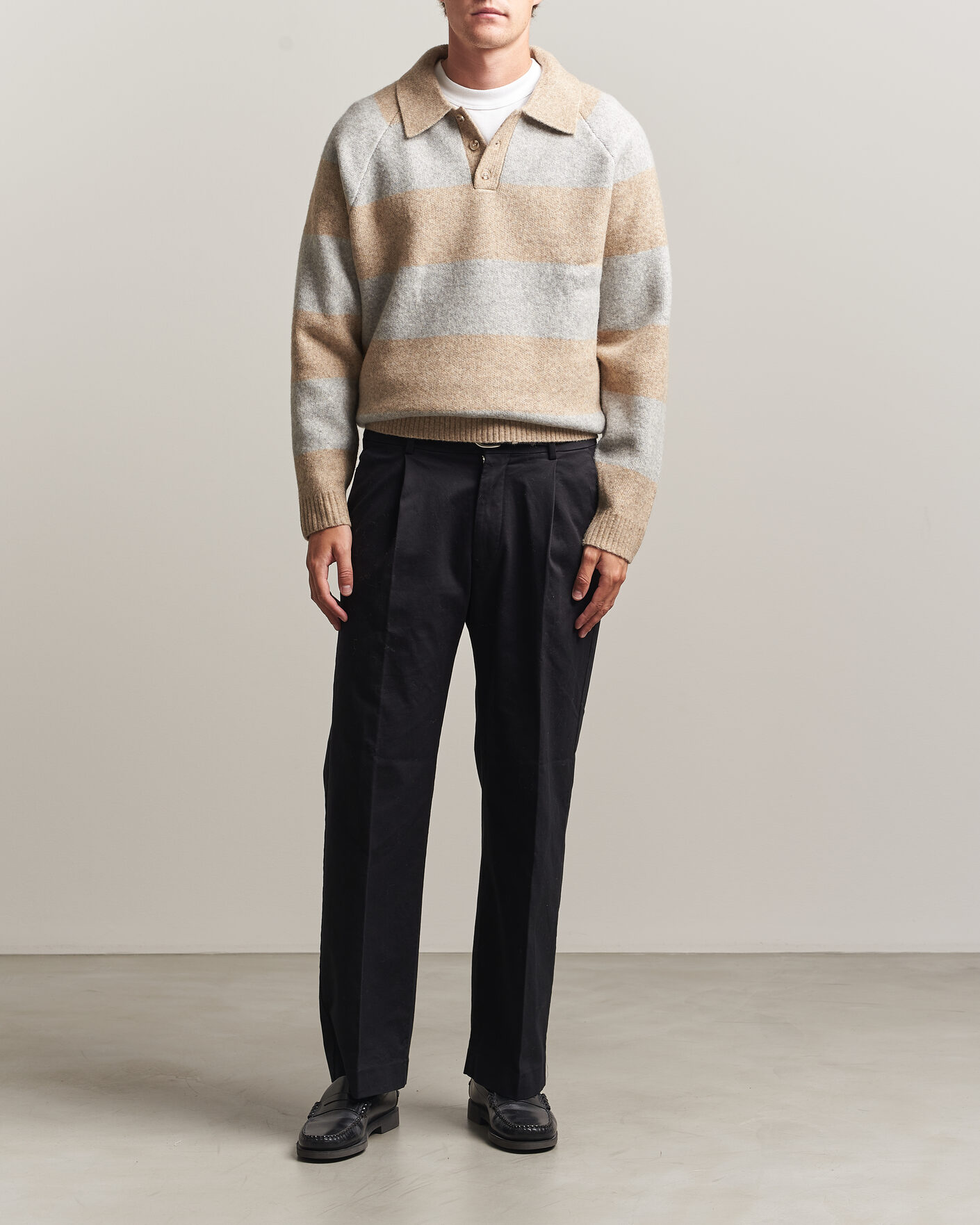 Herre | Gensere | LES DEUX | Striped Melange Knit Polo Light Sand Melange