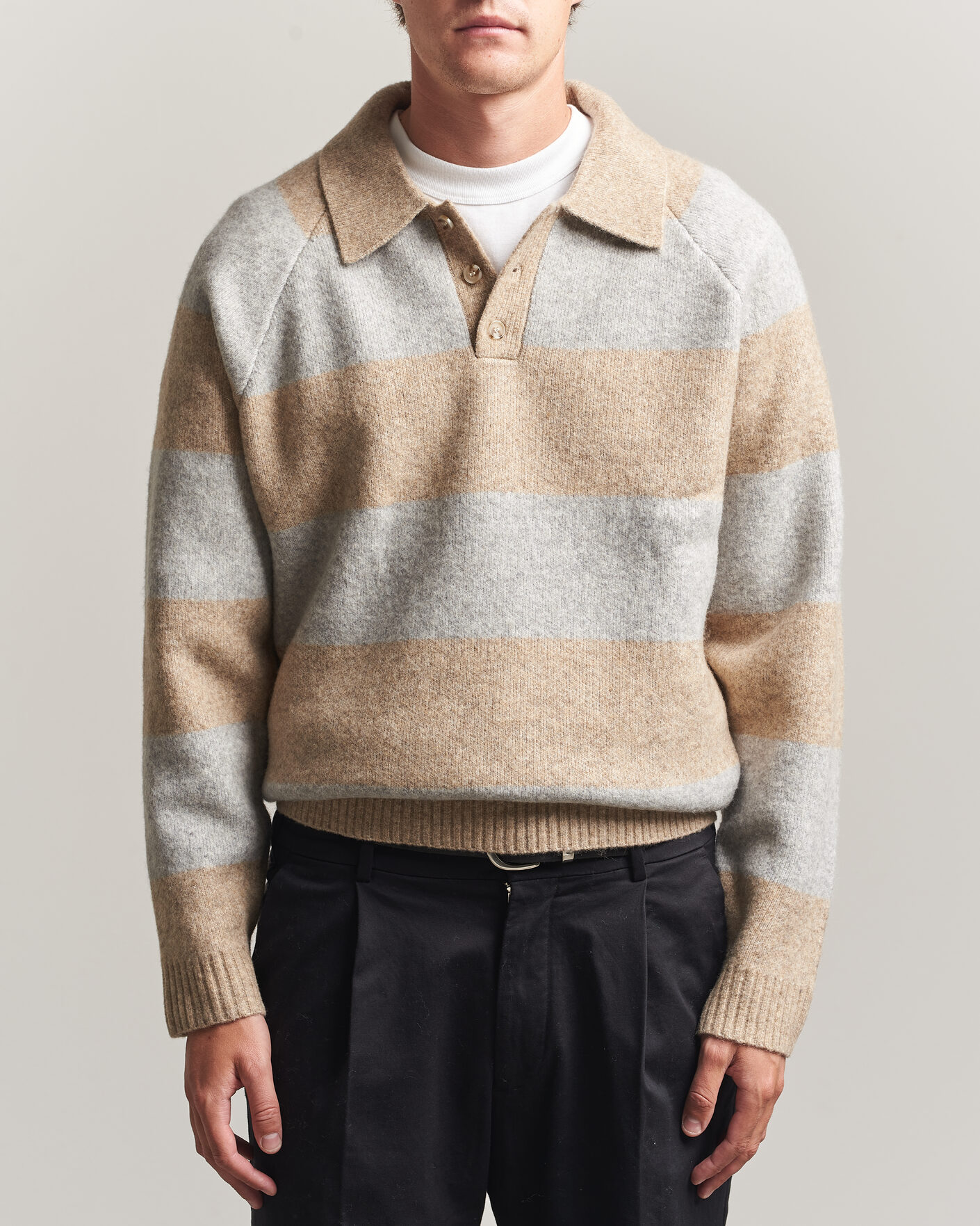 Herre | Gensere | LES DEUX | Striped Melange Knit Polo Light Sand Melange