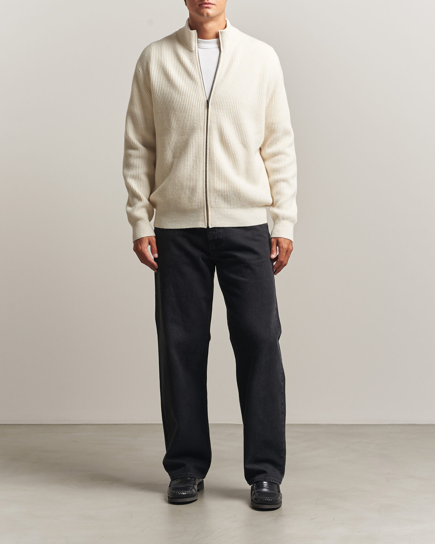 Herre | Gensere | LES DEUX | Wool Rib Zipper Knit Ivory Melange