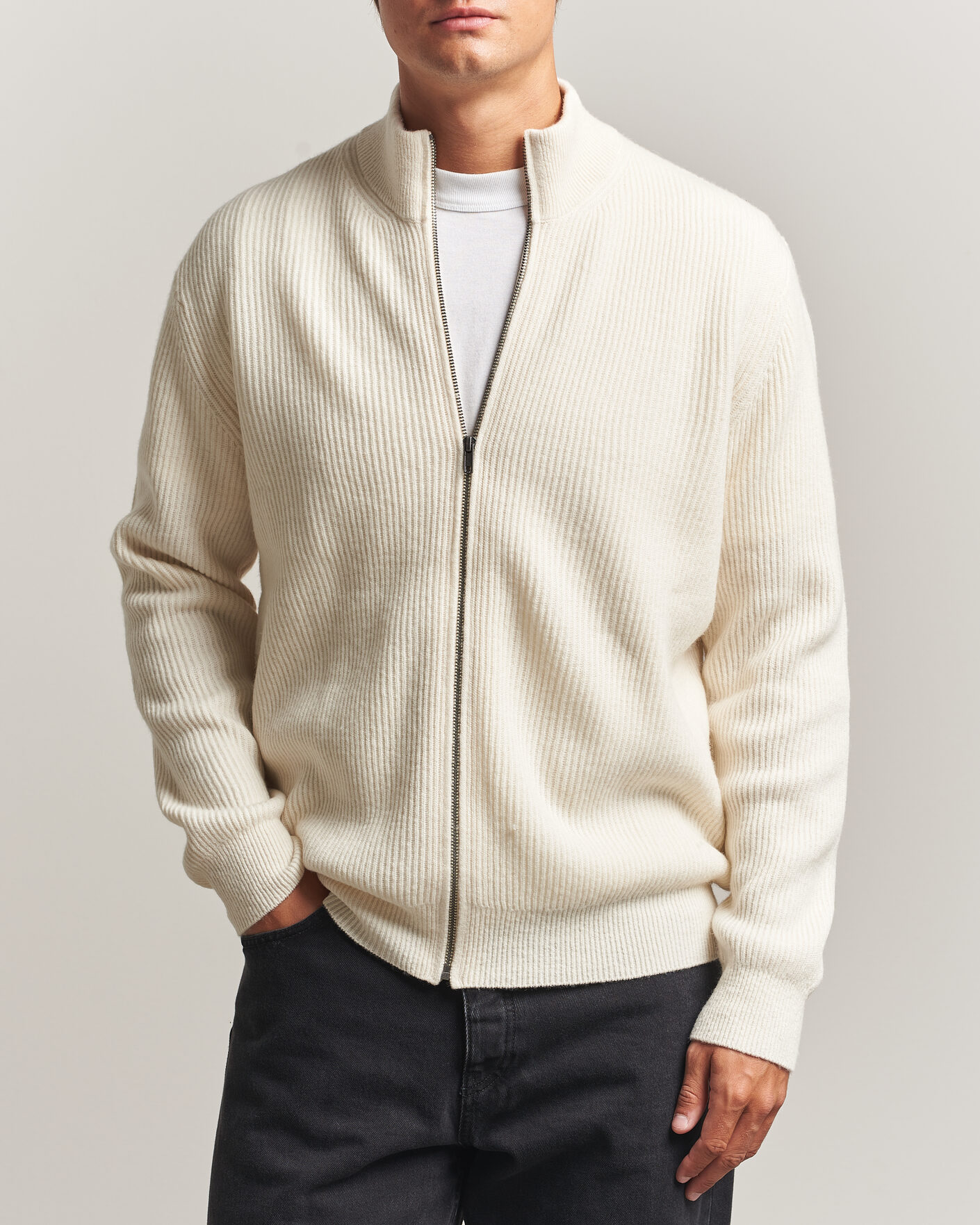 Herre | Gensere | LES DEUX | Wool Rib Zipper Knit Ivory Melange