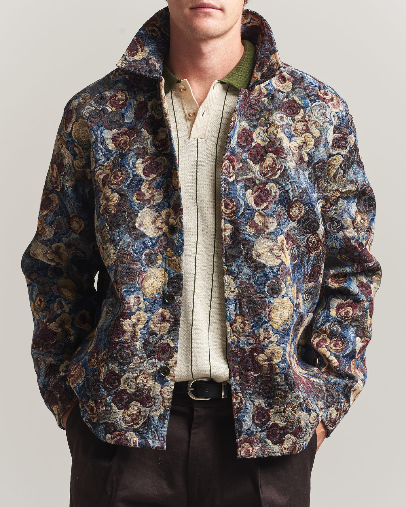 Herre | Skjorter | LES DEUX | Flower Jaquard Overshirt Blue Multi