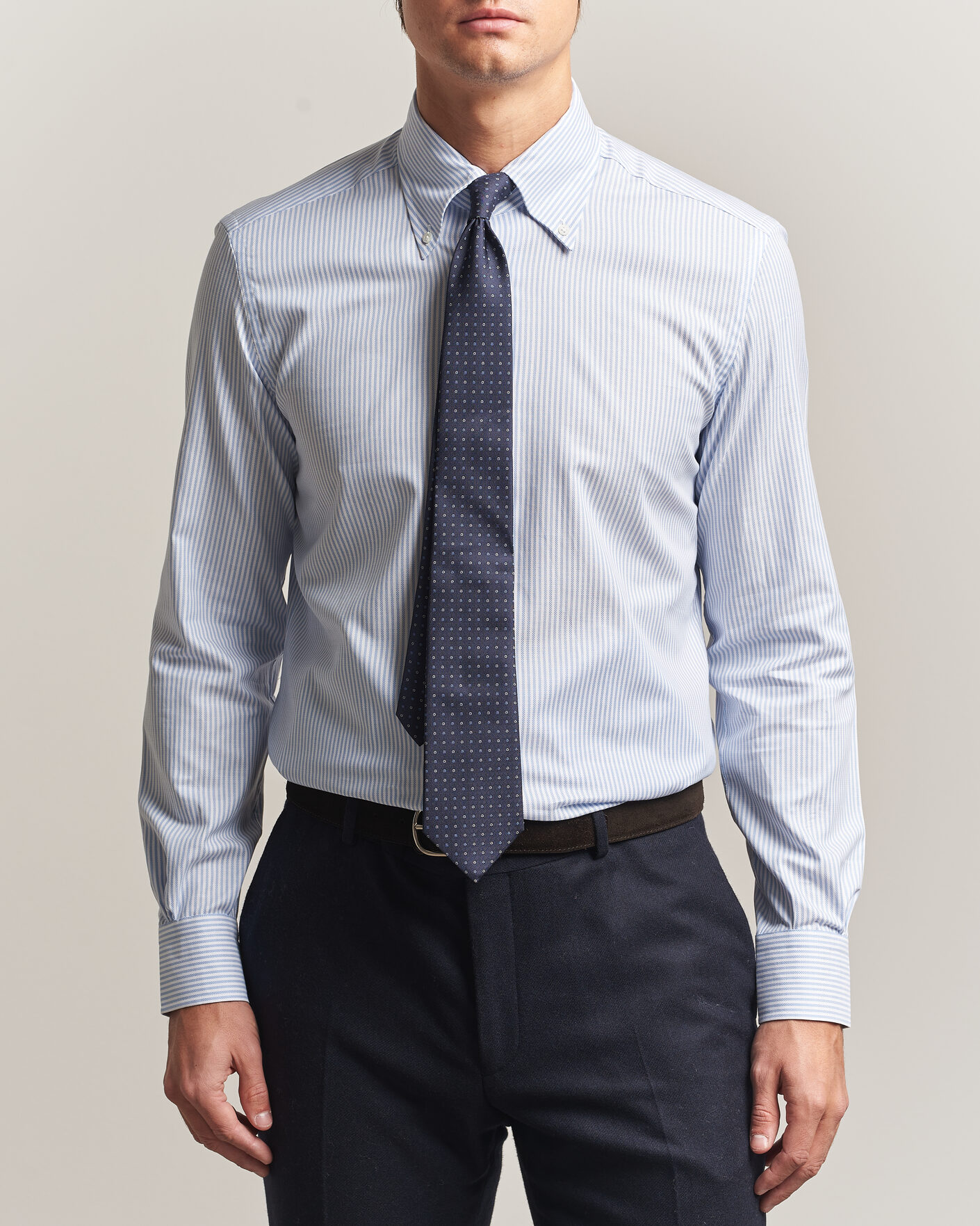 Herre | Skjorter | Mazzarelli | Soft Oxford Button Down Shirt Light Blue Stripe