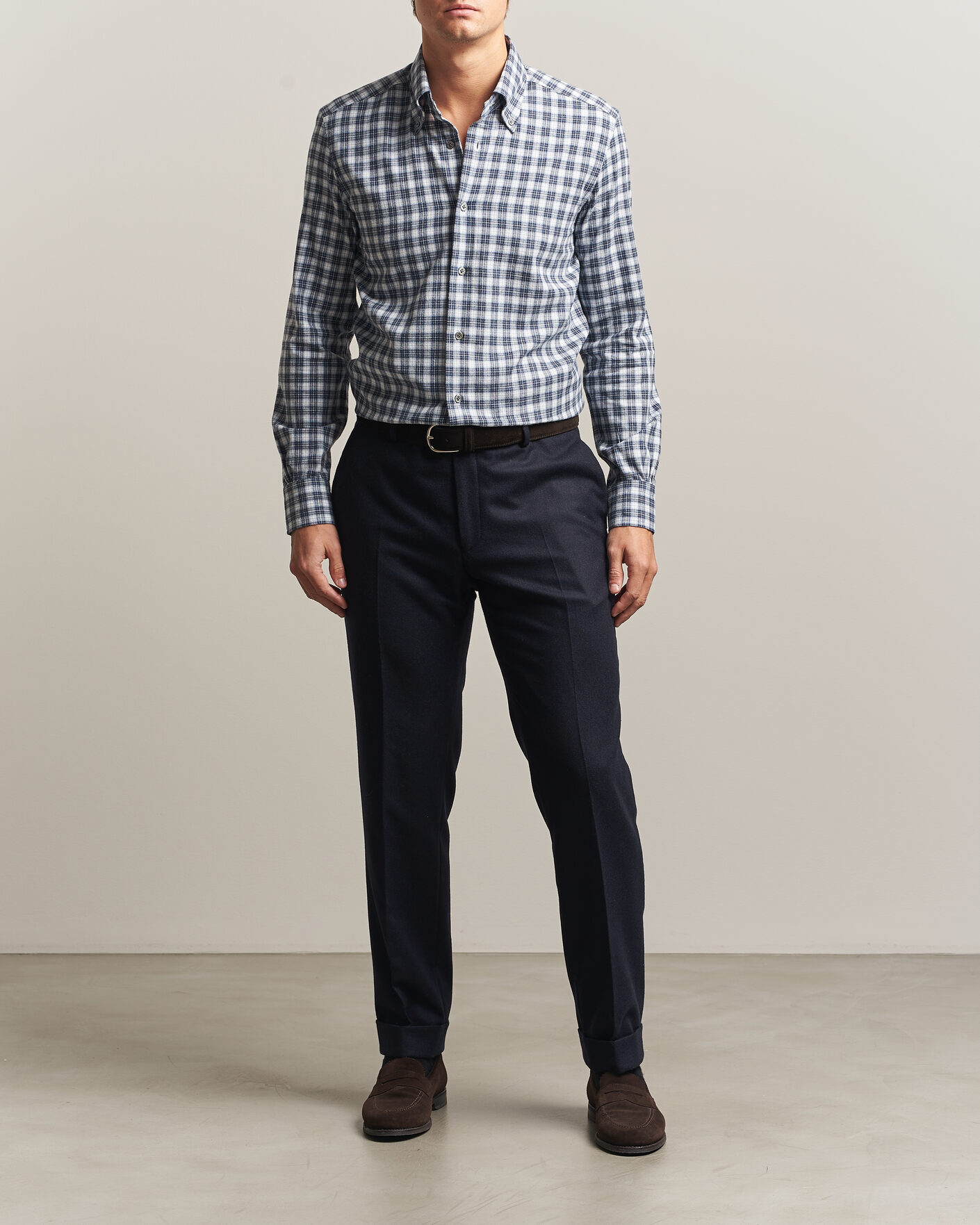 Herre | Skjorter | Mazzarelli | Soft Flannel Button Down Shirt Navy
