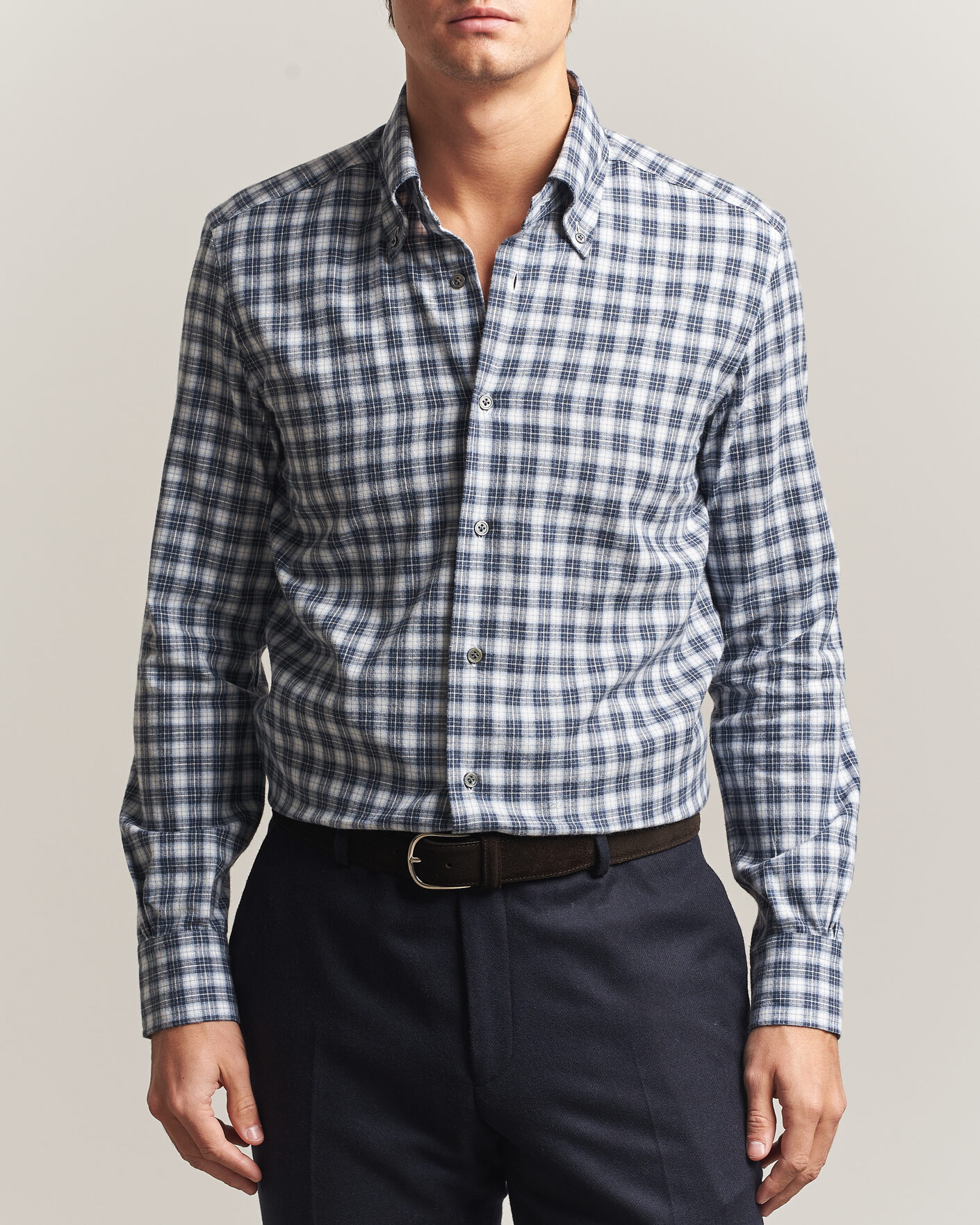 Herre | Skjorter | Mazzarelli | Soft Flannel Button Down Shirt Navy