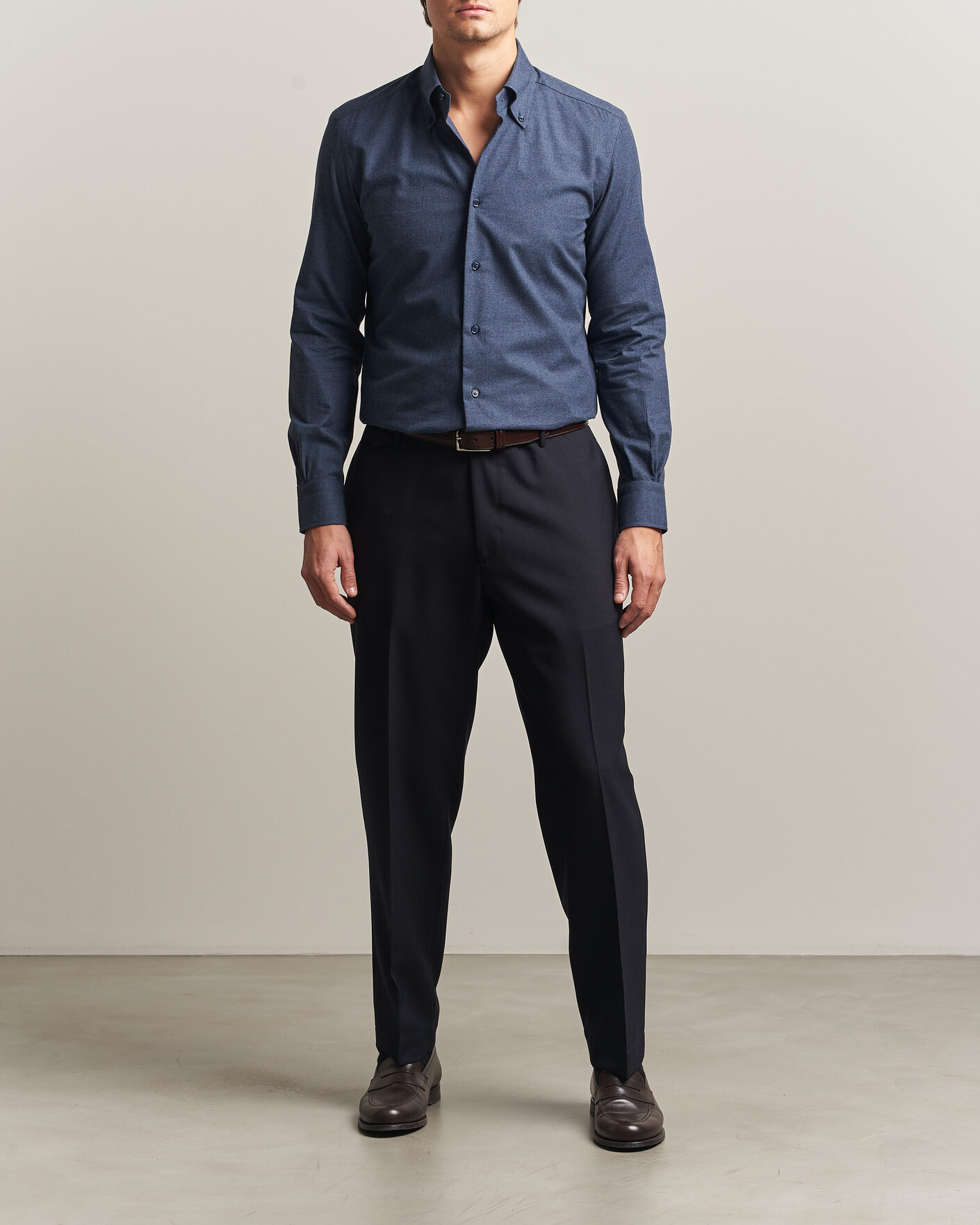 Herre | Skjorter | Mazzarelli | Soft Flannel Button Down Shirt Navy