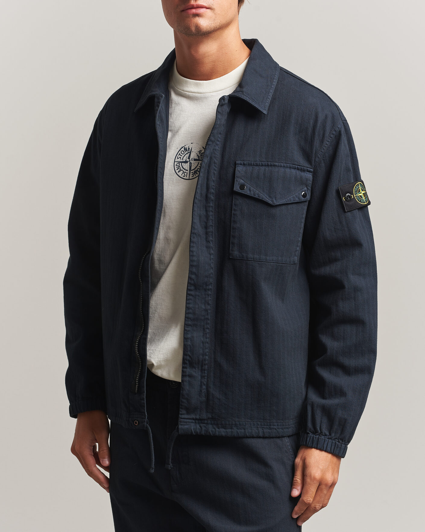 Herre | Skjorter | Stone Island | Garment Dyed Cotton Herringbone Overshirt Navy Blue