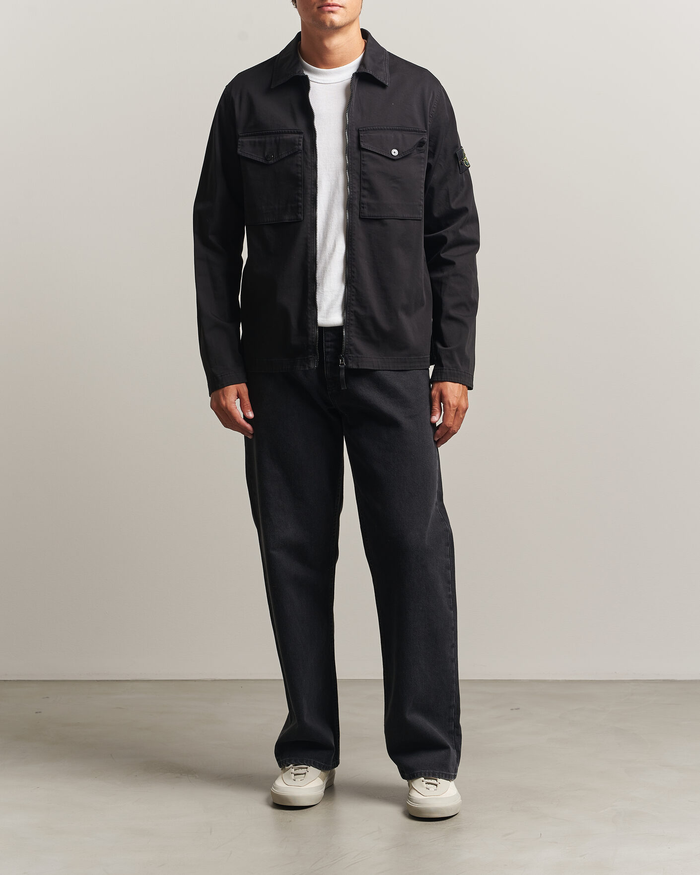 Herre | Skjorter | Stone Island | Organic Cotton Satin Stretch Zip Overshirt Black