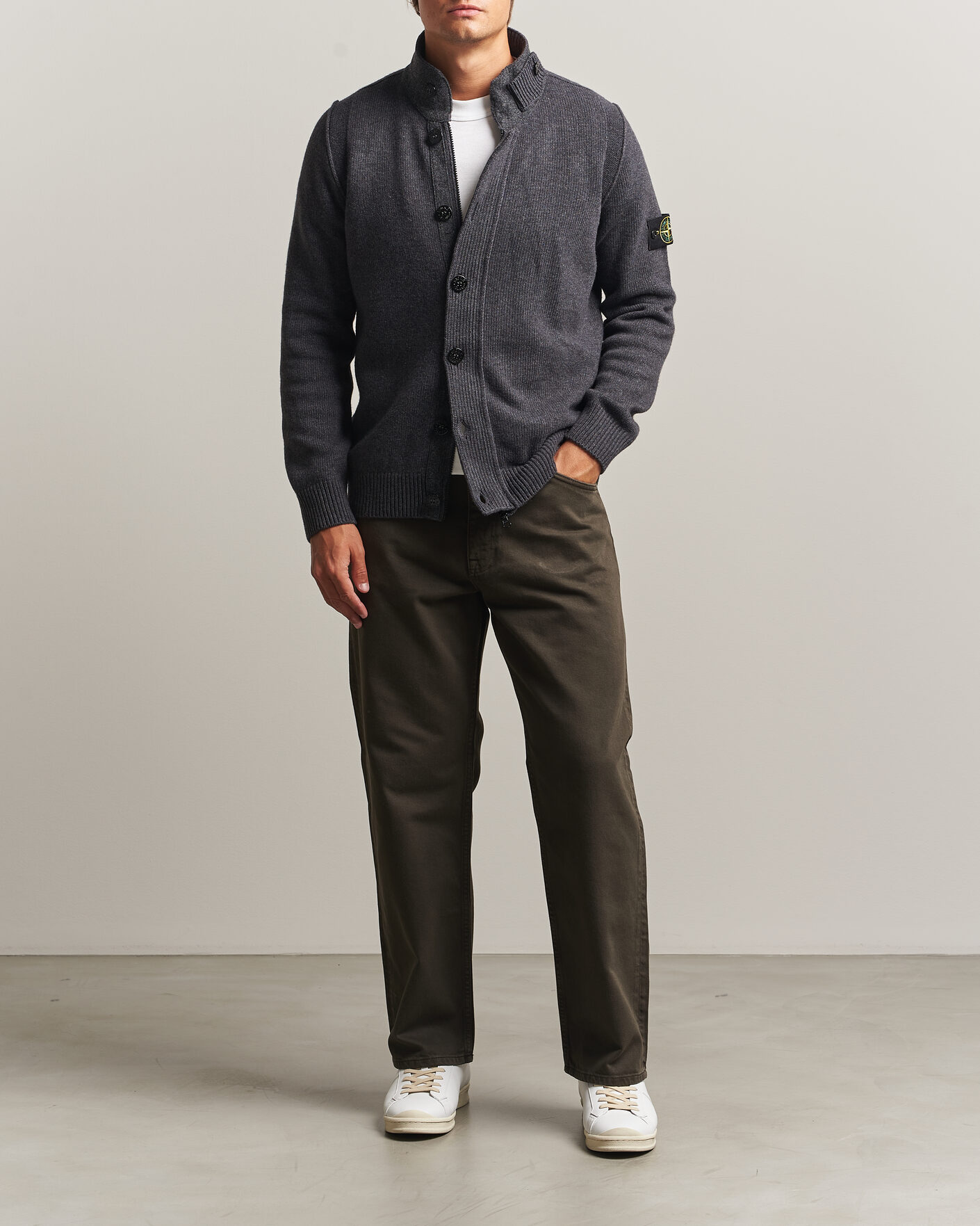 Herre | Gensere | Stone Island | Knitted Lambswool Zip Button Cardigan Melange Lead