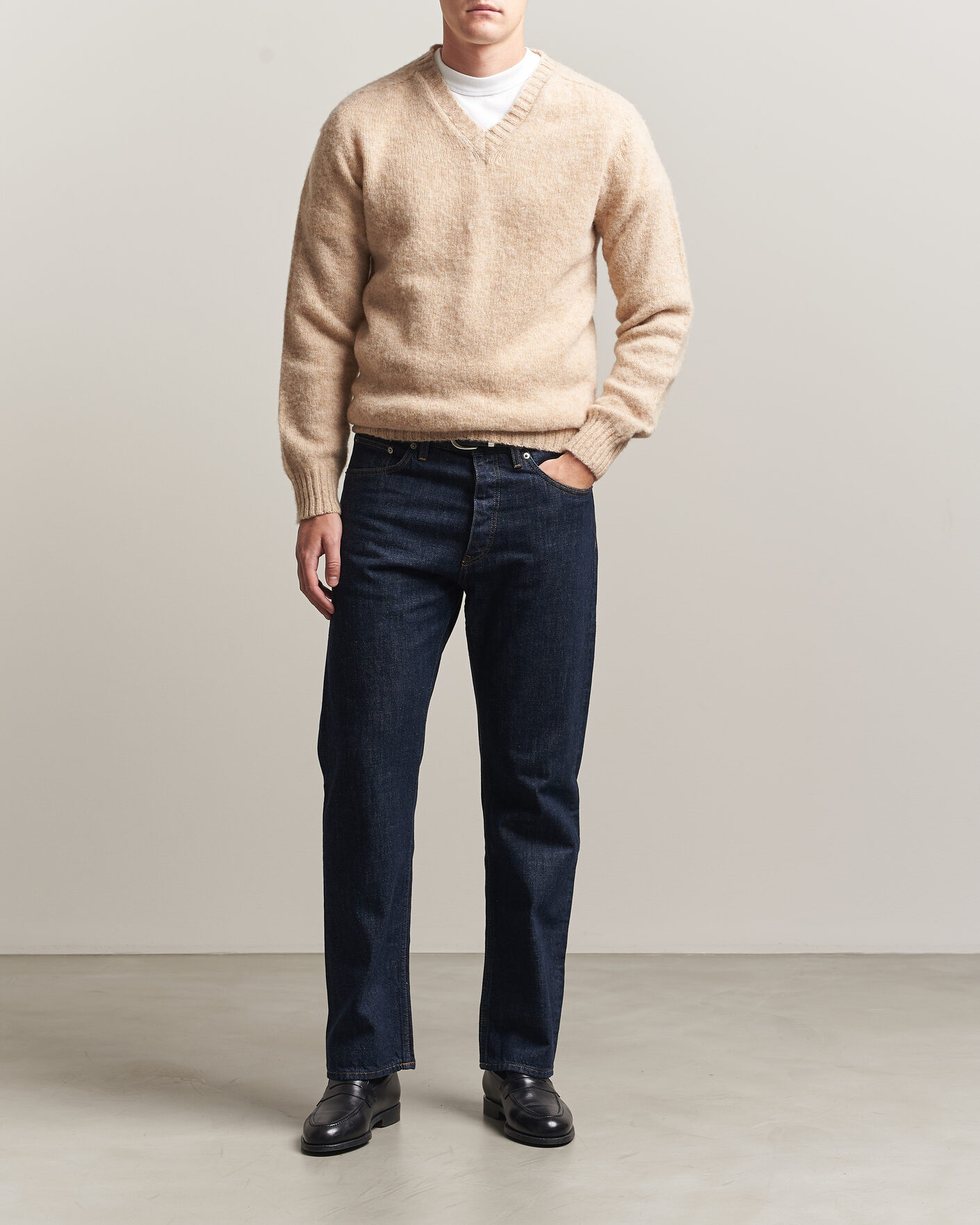 Herre | Gensere | Harley Of Scotland for Care of Carl | Brushed Supersoft Lambswool V-Neck Beige