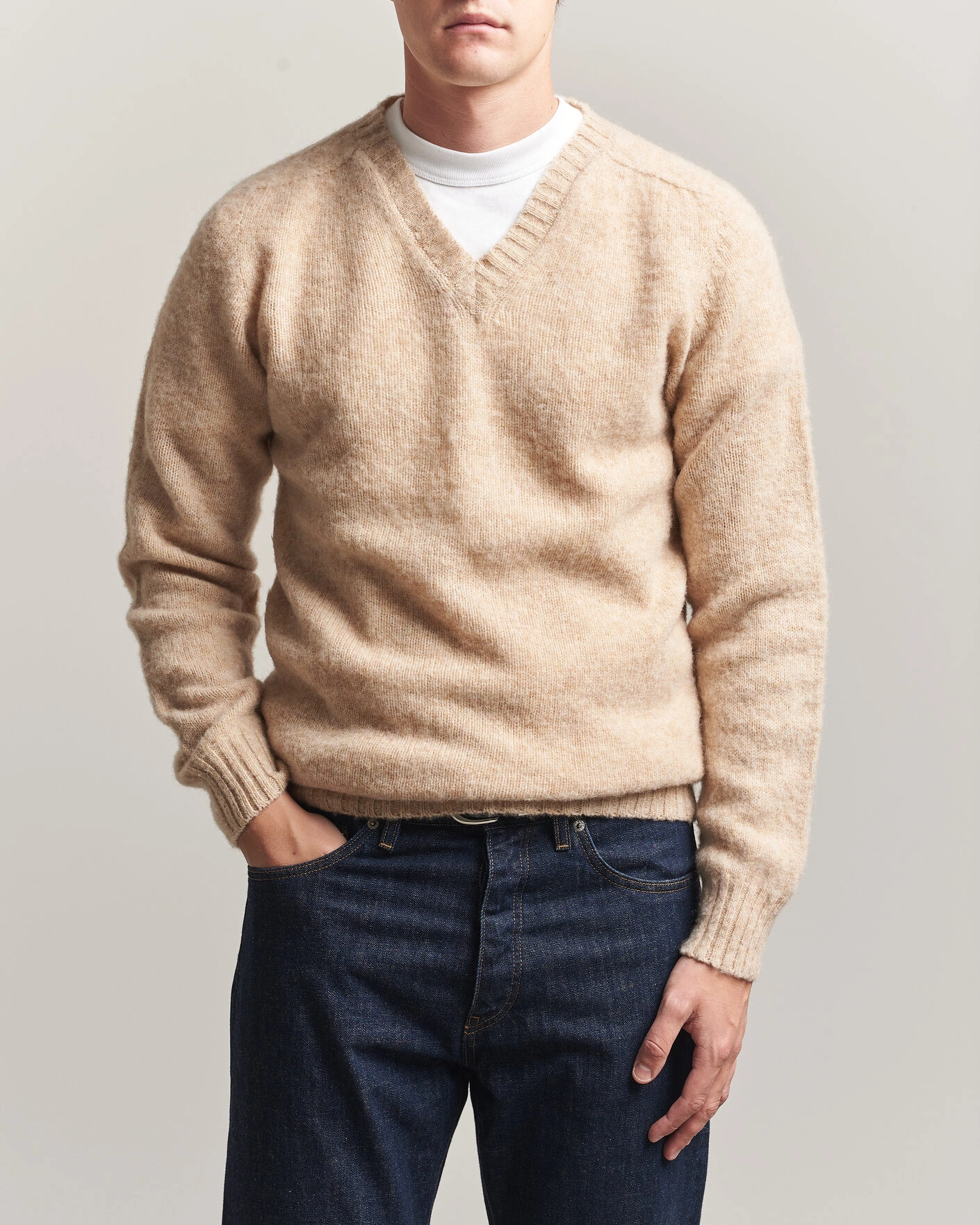 Herre | Gensere | Harley Of Scotland for Care of Carl | Brushed Supersoft Lambswool V-Neck Beige