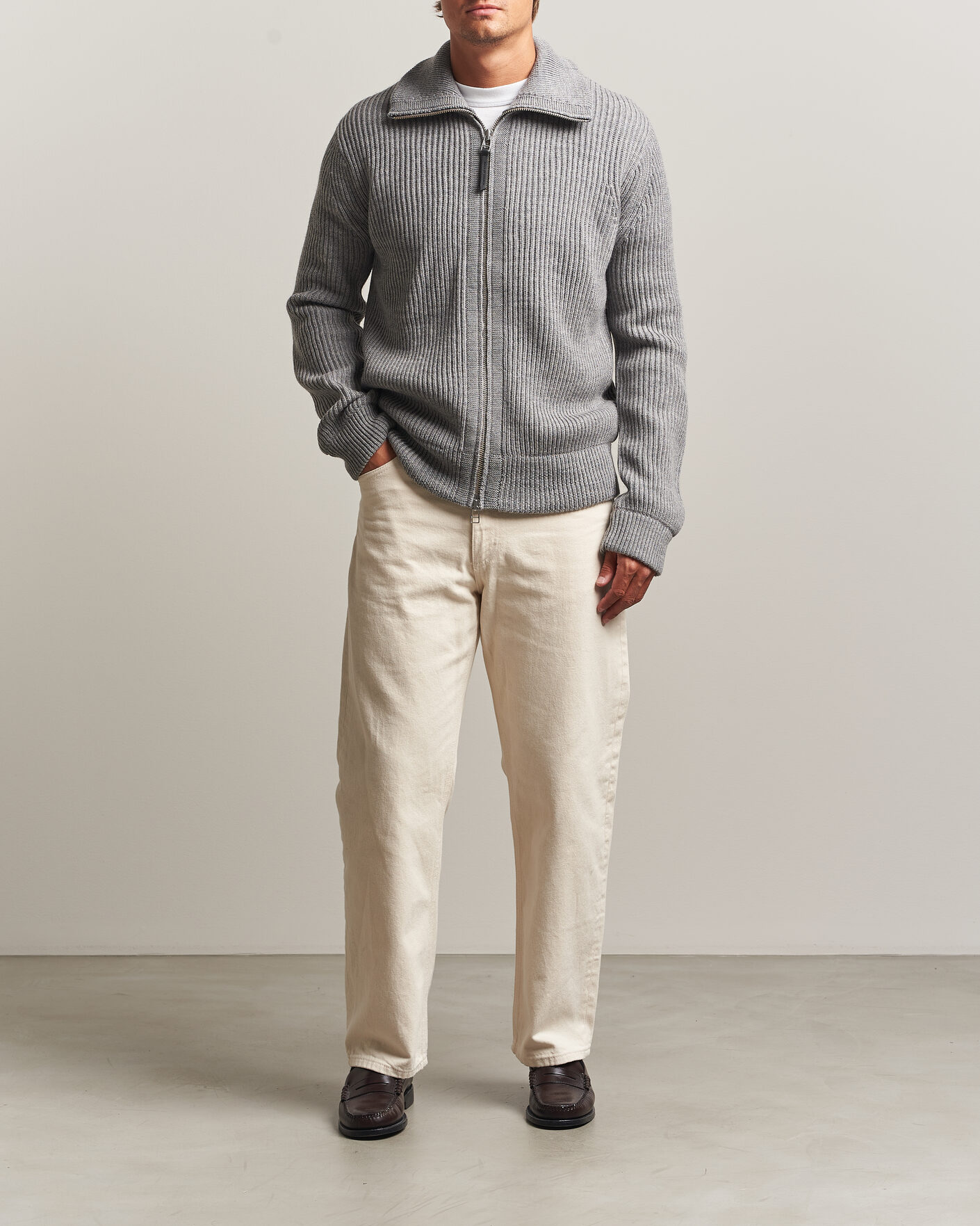 Herre | Gensere | Tiger of Sweden | Niall Wool Heavy Knitted Full Zip Grey Melange