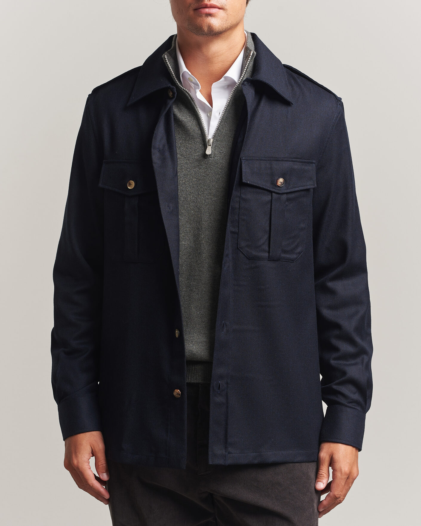 Herre | Skjorter | Brunello Cucinelli | Flannel Double Pocket Overshirt Navy