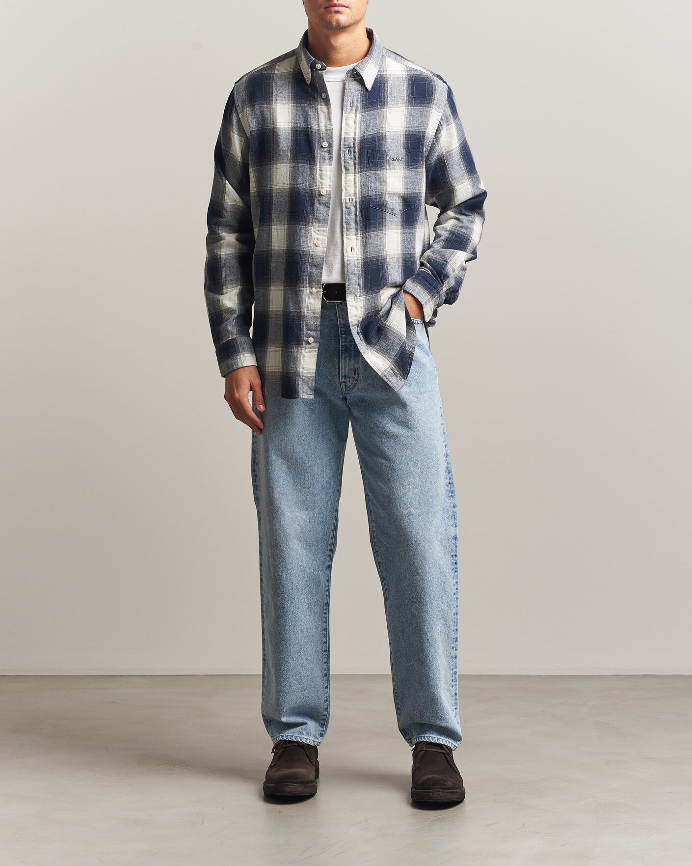 Herre | Skjorter | Gant | Regular Fit Windblown Flannel Checked Shirt Evening Blue