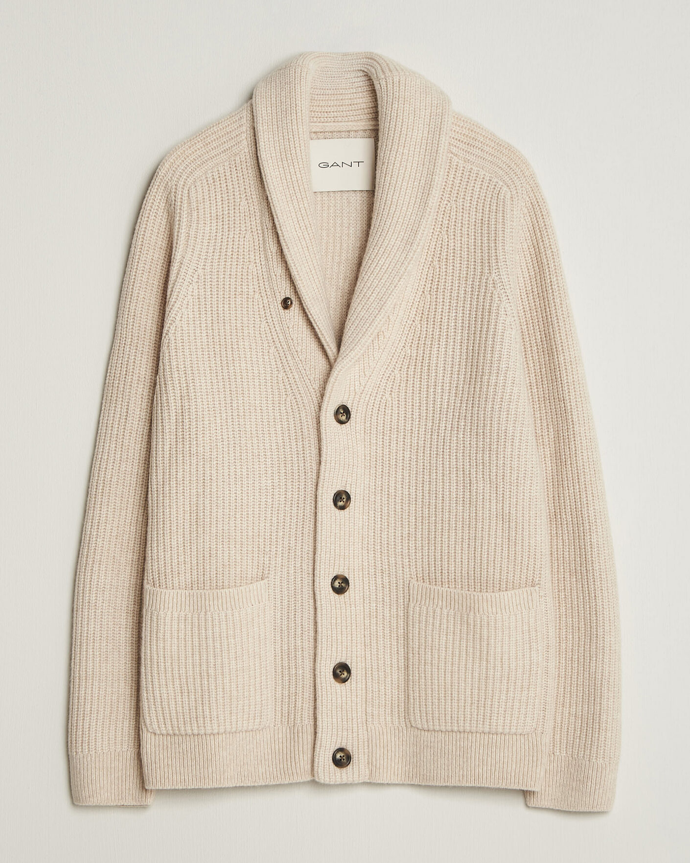 Herre | Gensere | Gant | Wool/Cotton Ribbed Shawl Collar Cardigan Light Beige