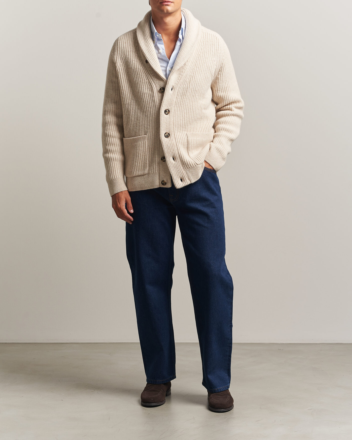 Herre | Gensere | Gant | Wool/Cotton Ribbed Shawl Collar Cardigan Light Beige
