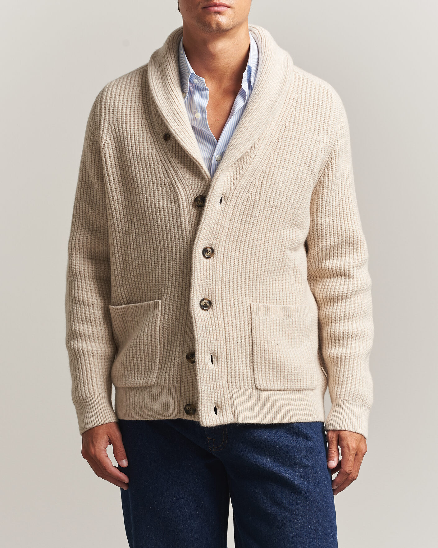 Herre | Gensere | Gant | Wool/Cotton Ribbed Shawl Collar Cardigan Light Beige