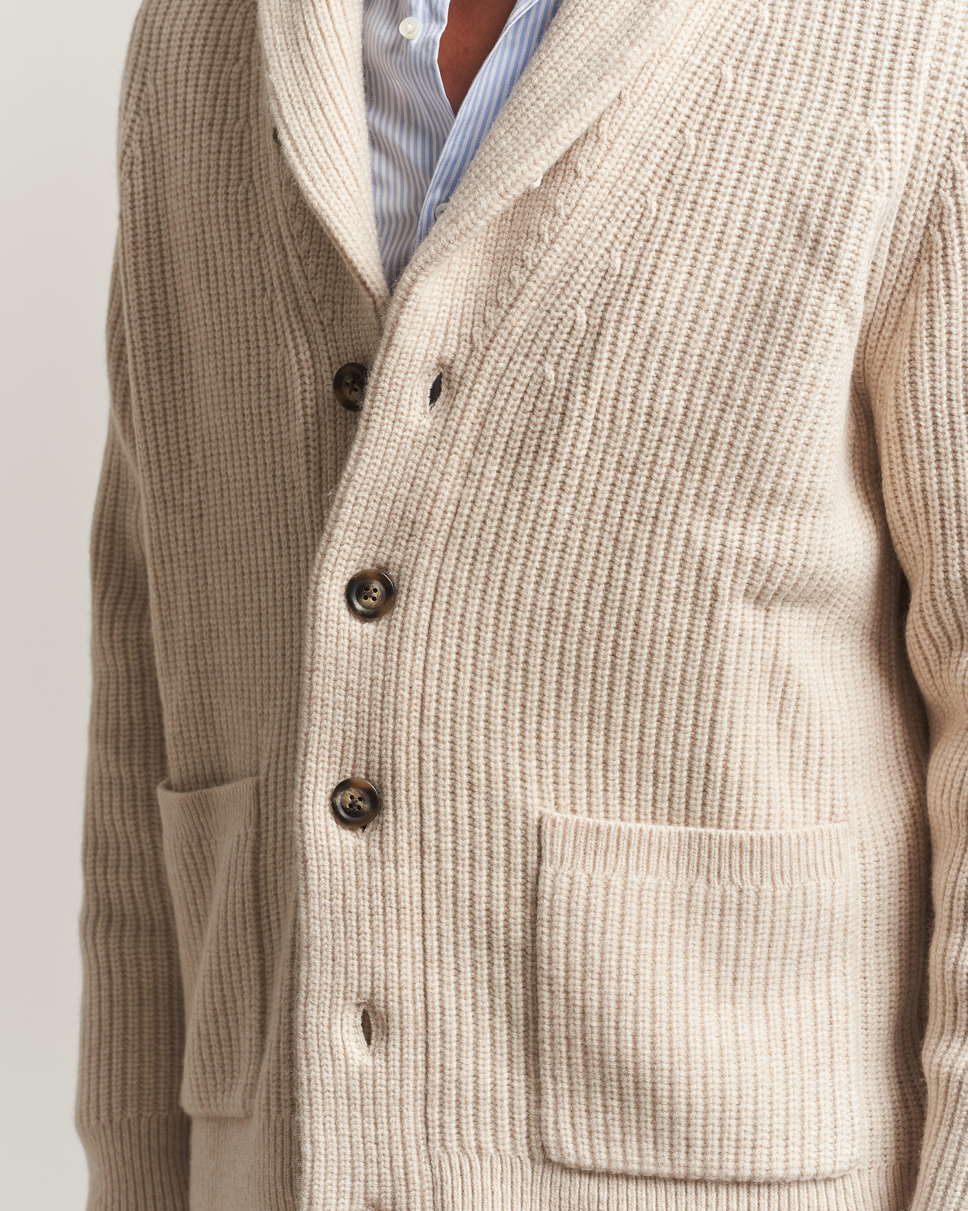 Herre | Gensere | Gant | Wool/Cotton Ribbed Shawl Collar Cardigan Light Beige