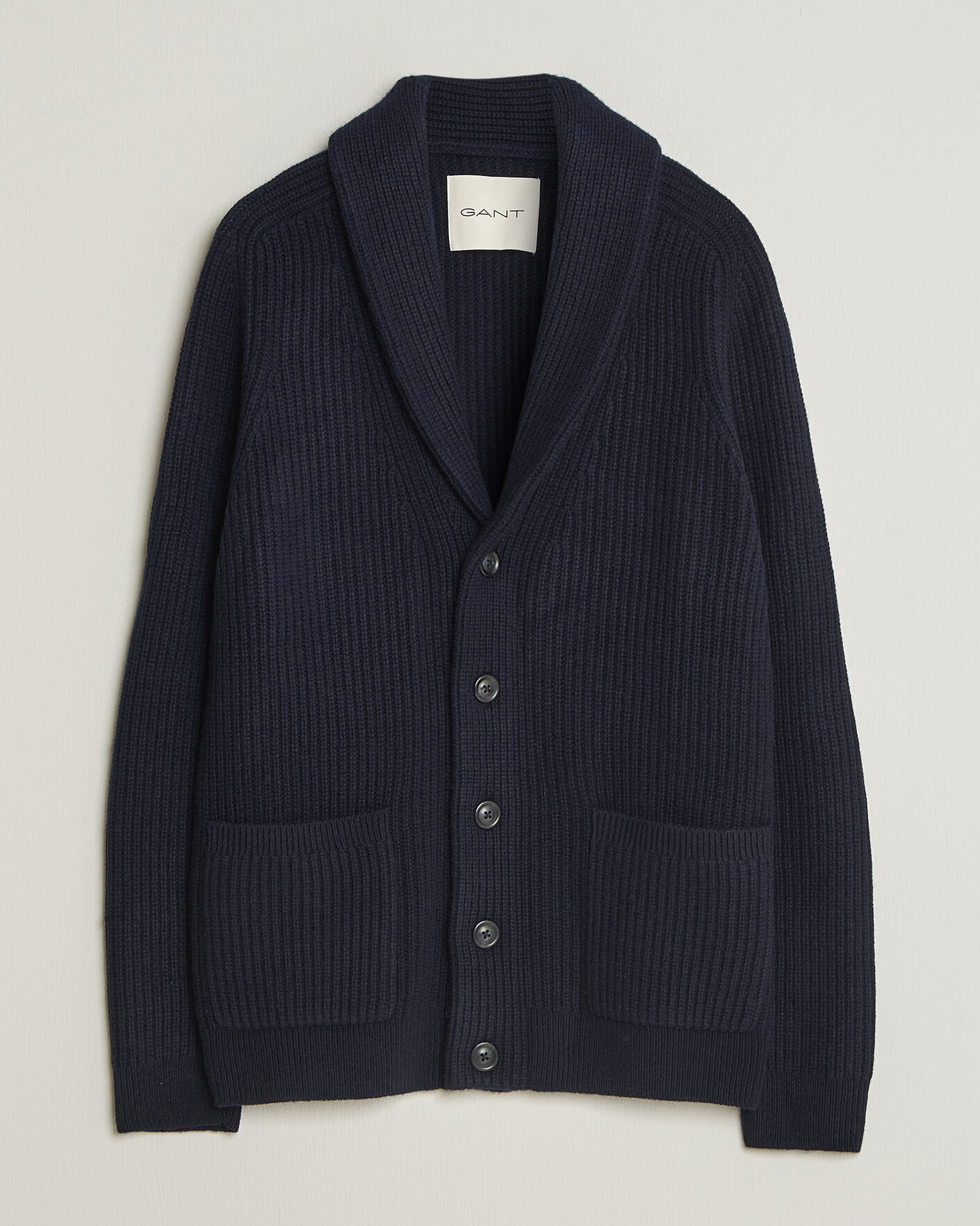 Herre | Gensere | Gant | Wool/Cotton Ribbed Shawl Collar Cardigan Evening Blue