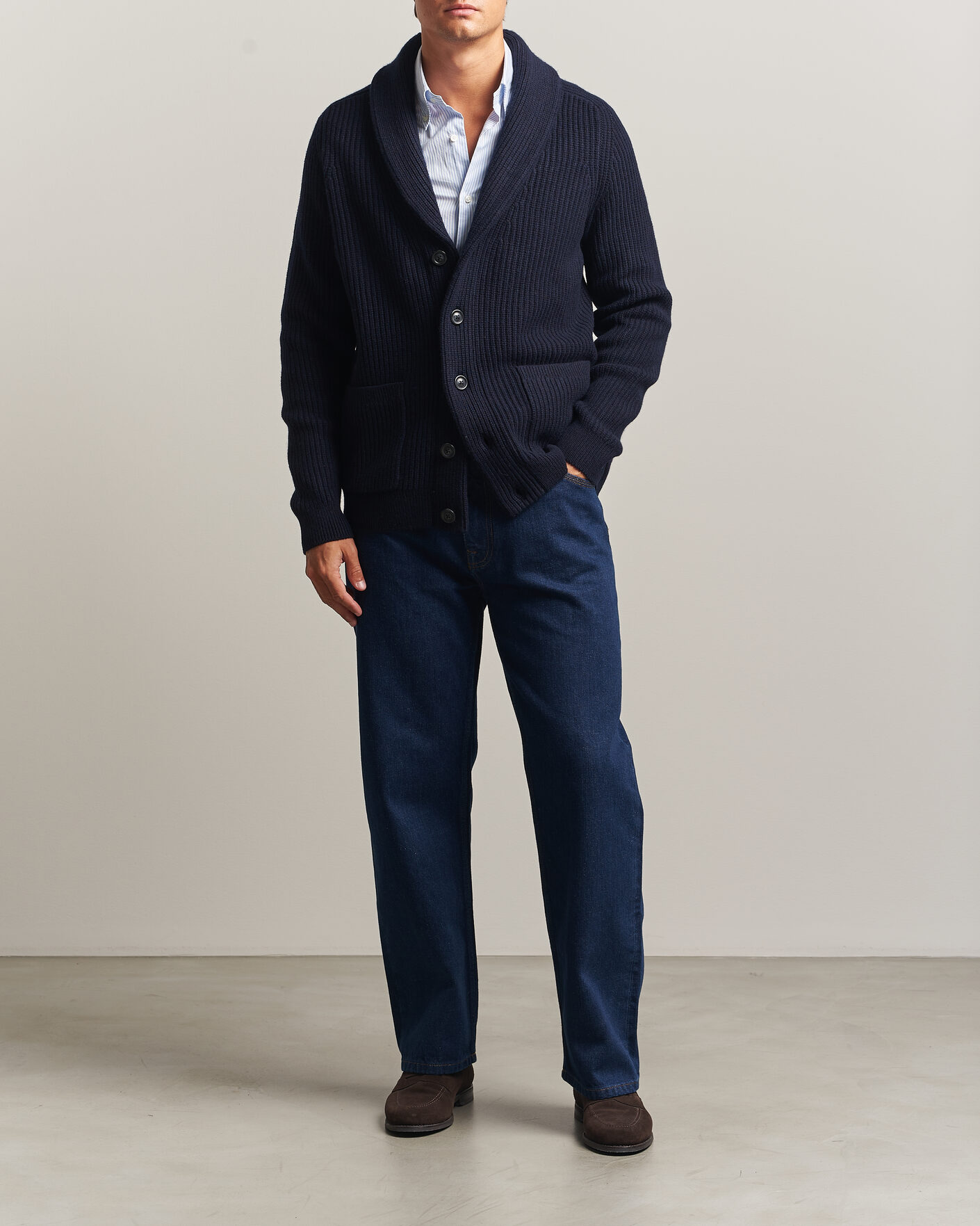 Herre | Gensere | Gant | Wool/Cotton Ribbed Shawl Collar Cardigan Evening Blue