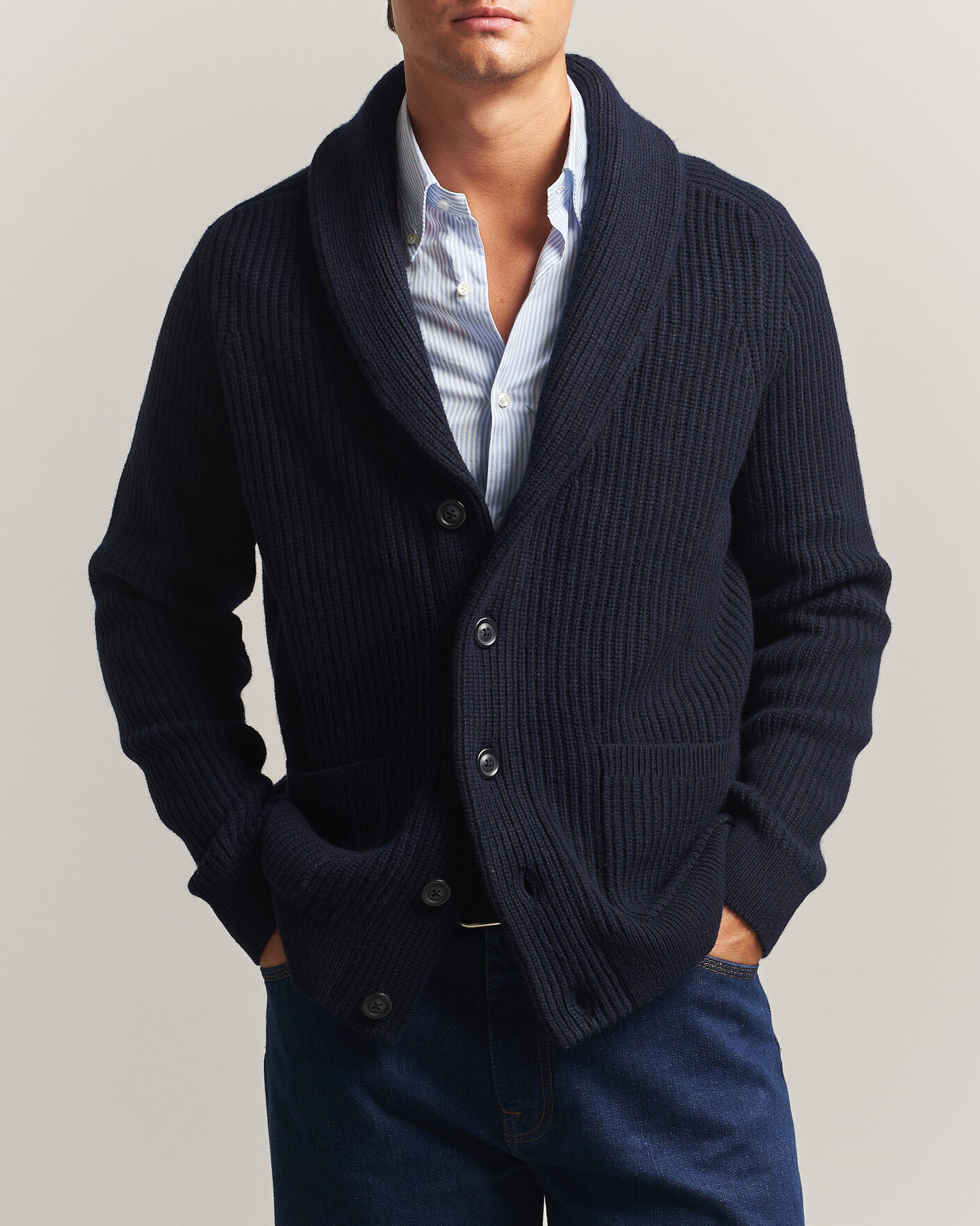 Herre | Gensere | Gant | Wool/Cotton Ribbed Shawl Collar Cardigan Evening Blue