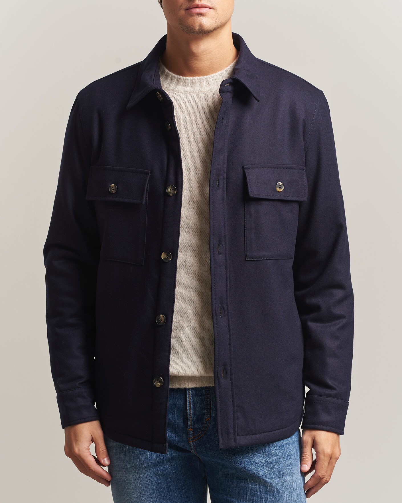 Herre | Jakker | Jacob Cohën | Wool Flannel Eco Fur Lined Shirt Jacket Navy