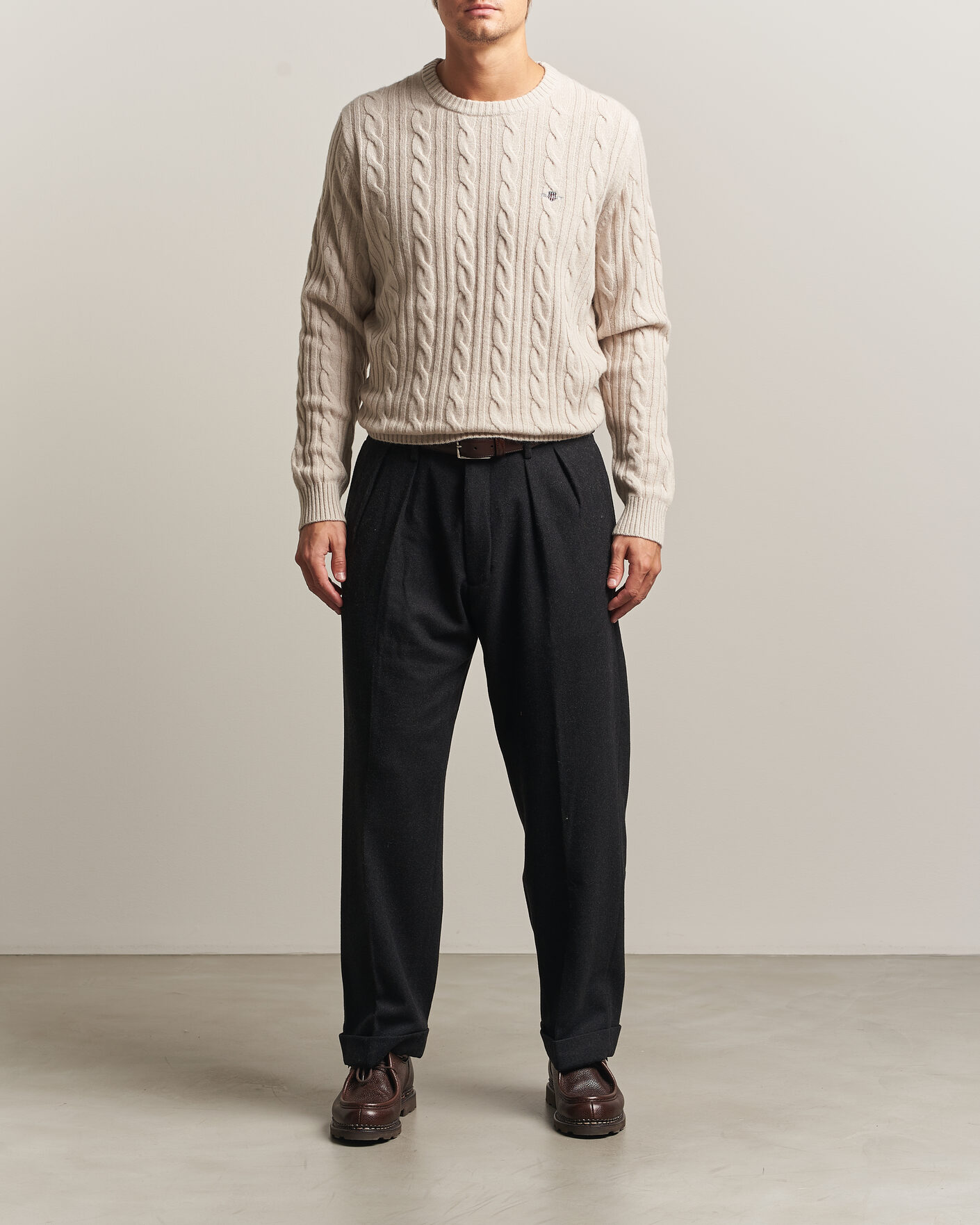 Herre | Gensere | Gant | Lambswool Cable Crew Neck Clay Beige