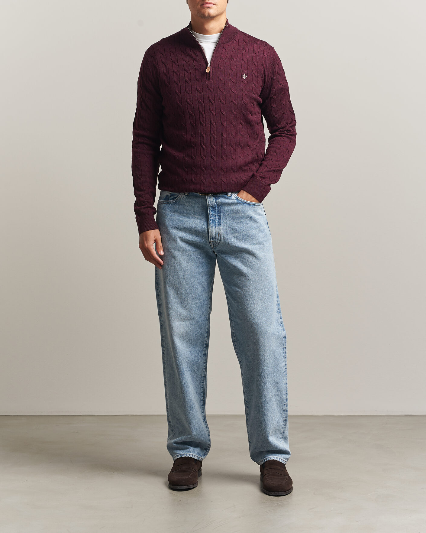 Herre | Gensere | Morris | Merino Cable Half Zip Wine Red